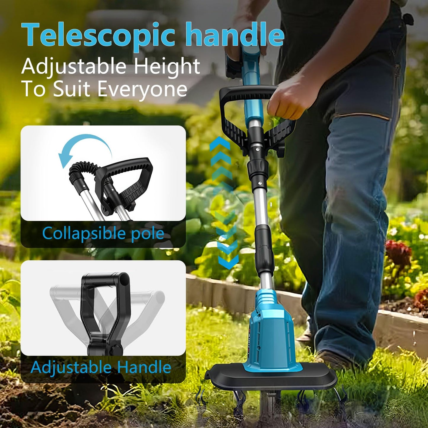 21V Cordless Tiller Cultivator, 300RPM Electric Garden Tiller, 2×4.0AH Batteries & Fast Charger Lightweight Rototiller 12" Width, 8" Depth for Lawn/Soil/Plowing/Weeding/Farm