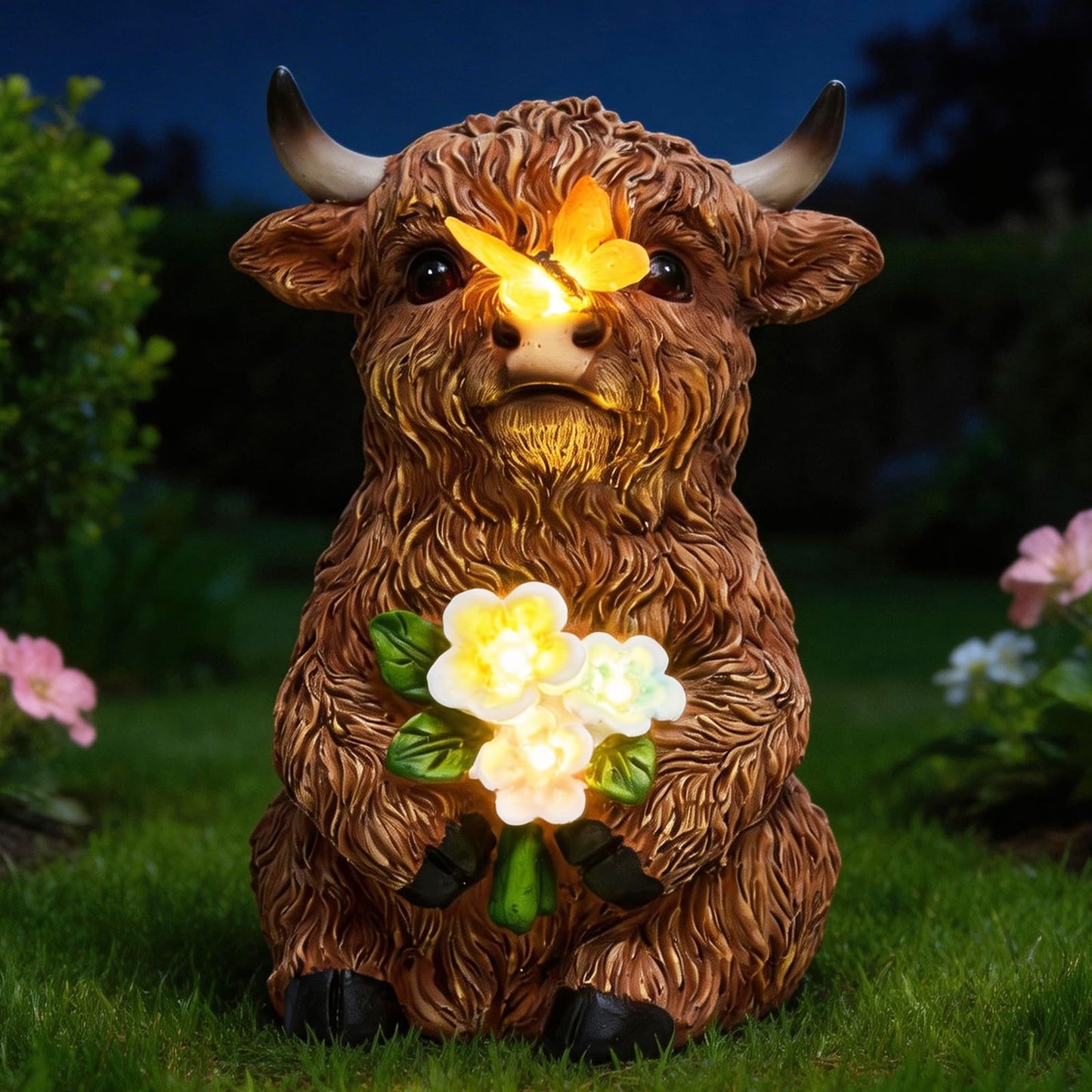 LXOUMEI Solar Highland Cow Outdoor Statue, Garden Sculpture with Lighted Butterfly & Flowers Decor, Highland Cow Figurine for Patio Yard Lawn Ornaments for Birthday