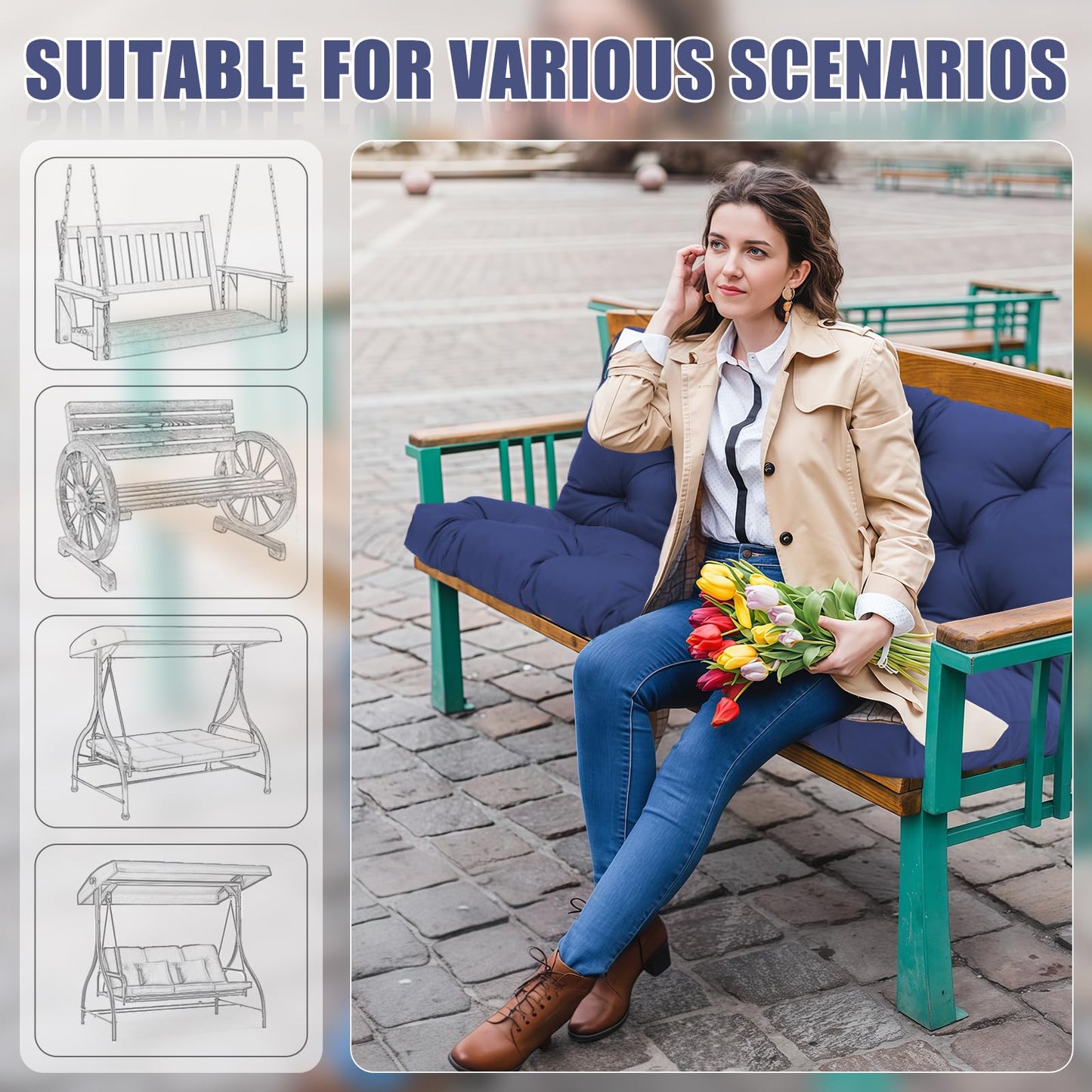 SXBFHGH Swing Cushions 3 Seater Replacement Waterproof Outdoor Porch Swing Cushion with Backrest Extra Thick 5" Swing Cushions for Outdoor Furniture Patio Bench Garden Backyard (Navy Blue 60x40x5inch)
