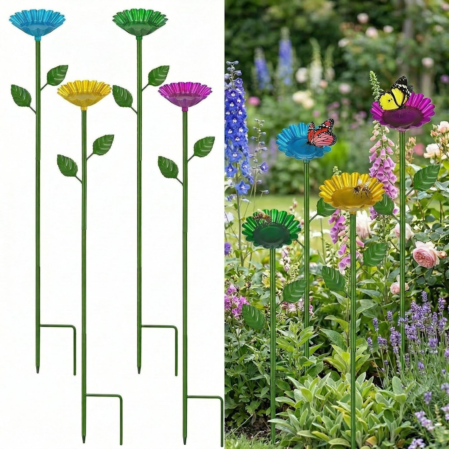 4 Pack Bee Watering Station, Bee Feeder for Garden Metal Butterfly Water Feeder with Flower Design Colorful Butterfly Bee Bath Bowl for Outdoor Garden Yard