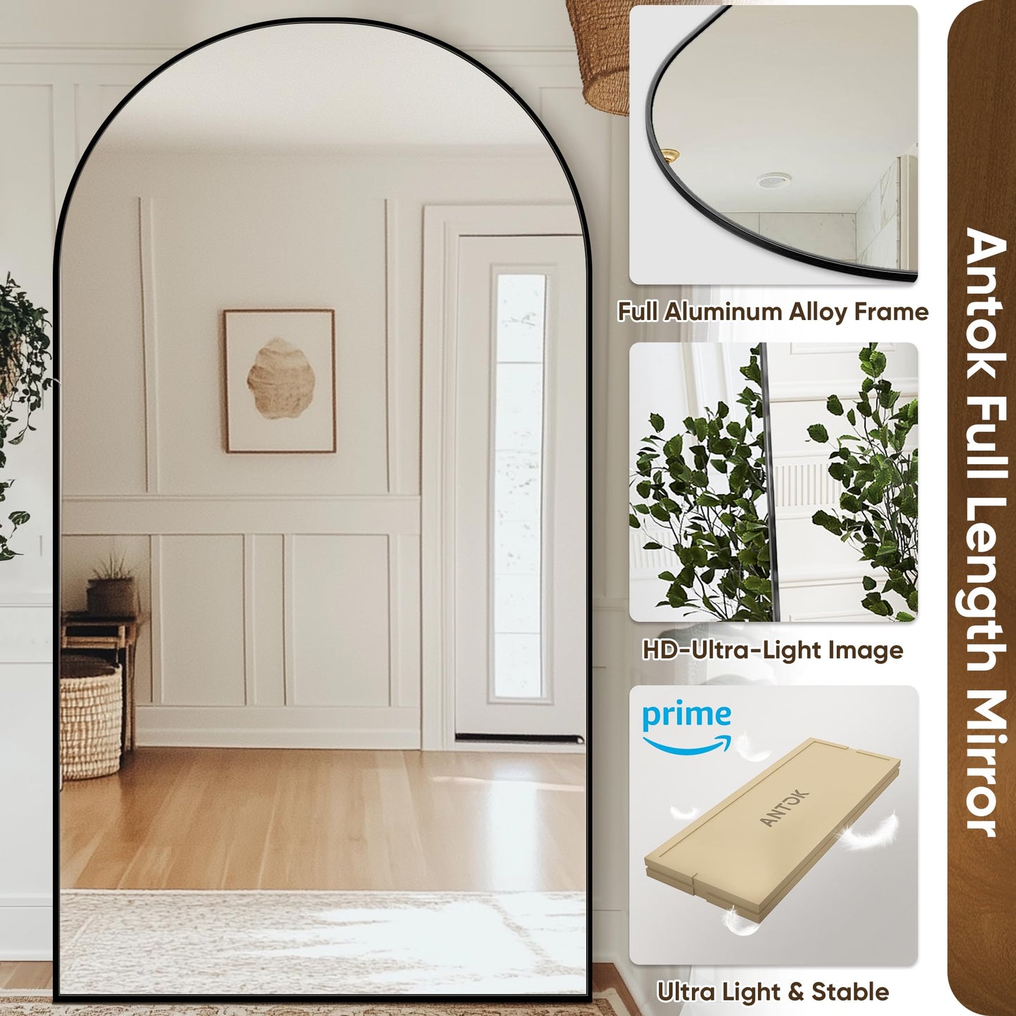 Antok Full Length Mirror, 44"x82" Oversized Floor Mirror with Stand for Bedroom, Living Room Cloakroom, Black, Arch Style