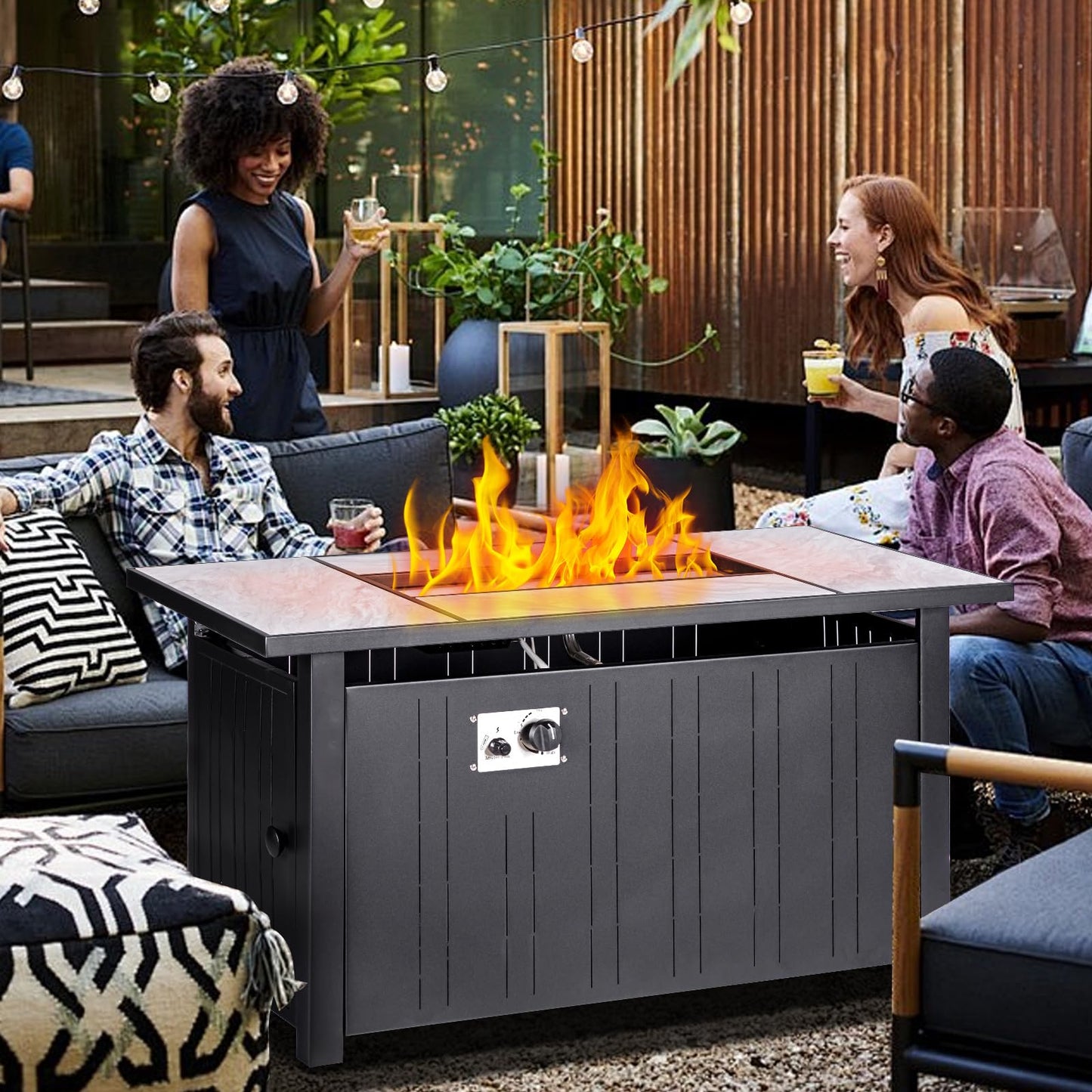 OutVue 47" Propane Fire Pit Table with Real Ceramic Tabletop, 50000 BTU Gas Firepit Table with Lid & Lava Stones, Outdoor Fire Pit for Dining or Party, Firepit for Outside, Patio
