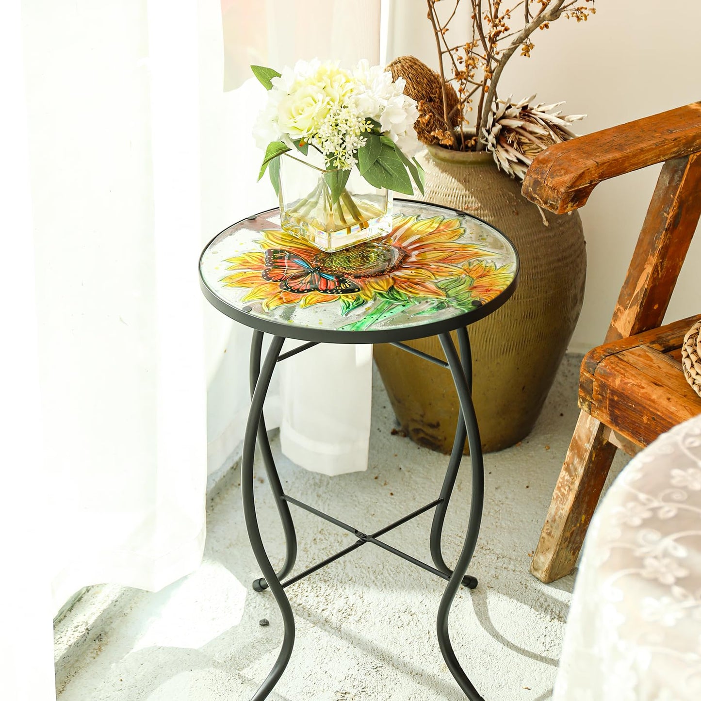 VCUTEKA Patio Side Table Outdoor Accent Table Bistro Coffee Table Plant End Table Small Porch Table Indoor Round Glass Balcony Plant Table Stands Sunflower 14''