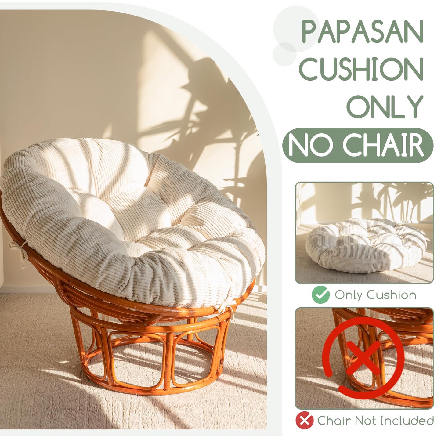 HIGOGOGO Papasan Chair Cushion with Corduroy Cover (Without Chair), 48 x 48 Inch Supportive Cushion, Overstuffed Chair Cushion,Beige
