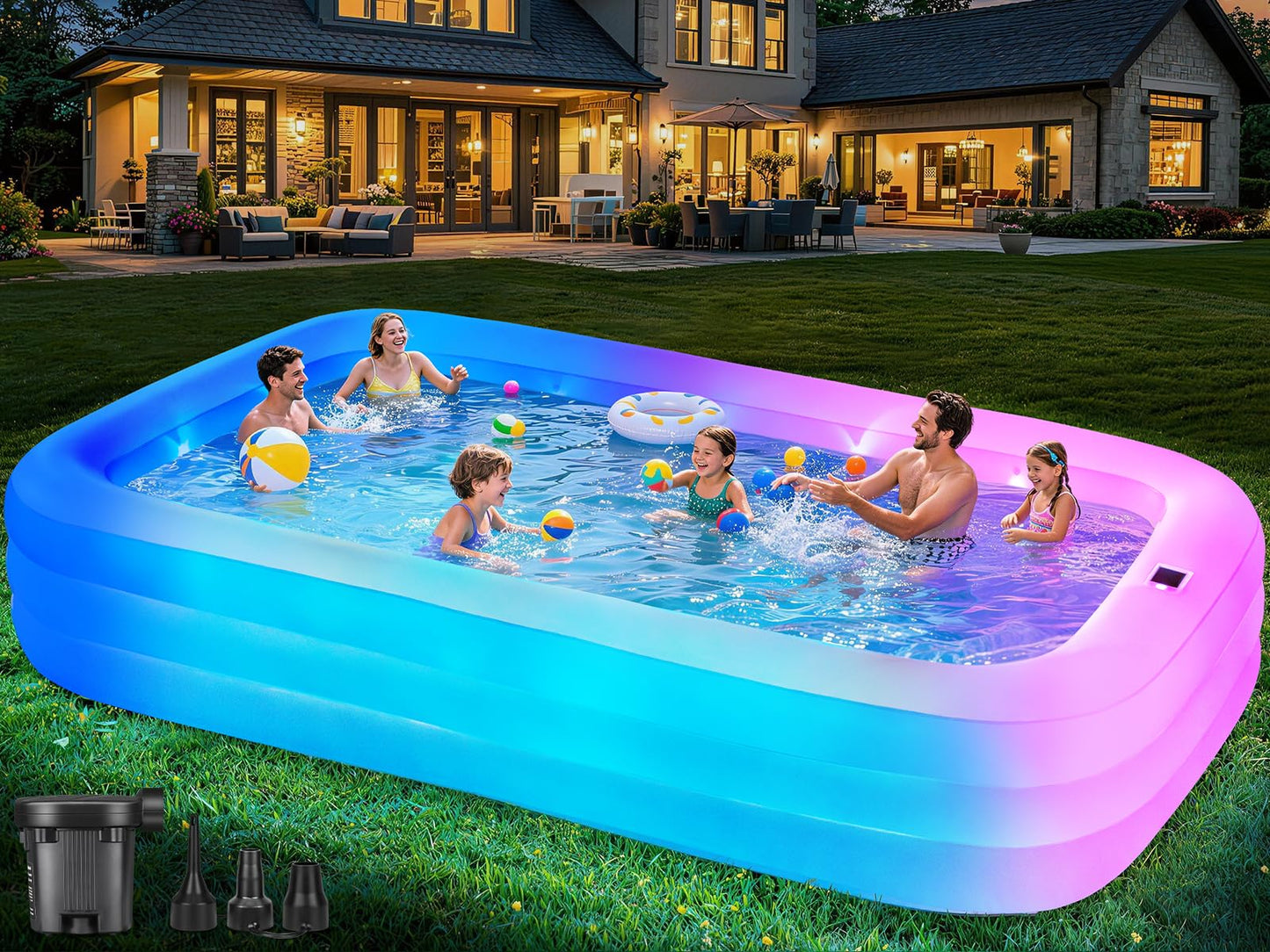 Large Inflatable Pool for Adults,130" x 72" x 22" Thickened Blow Up Pool with Lights & Pump, 7 Color Changed Durable Above Ground Family Swimming Pool for Backyard Outdoor Garden