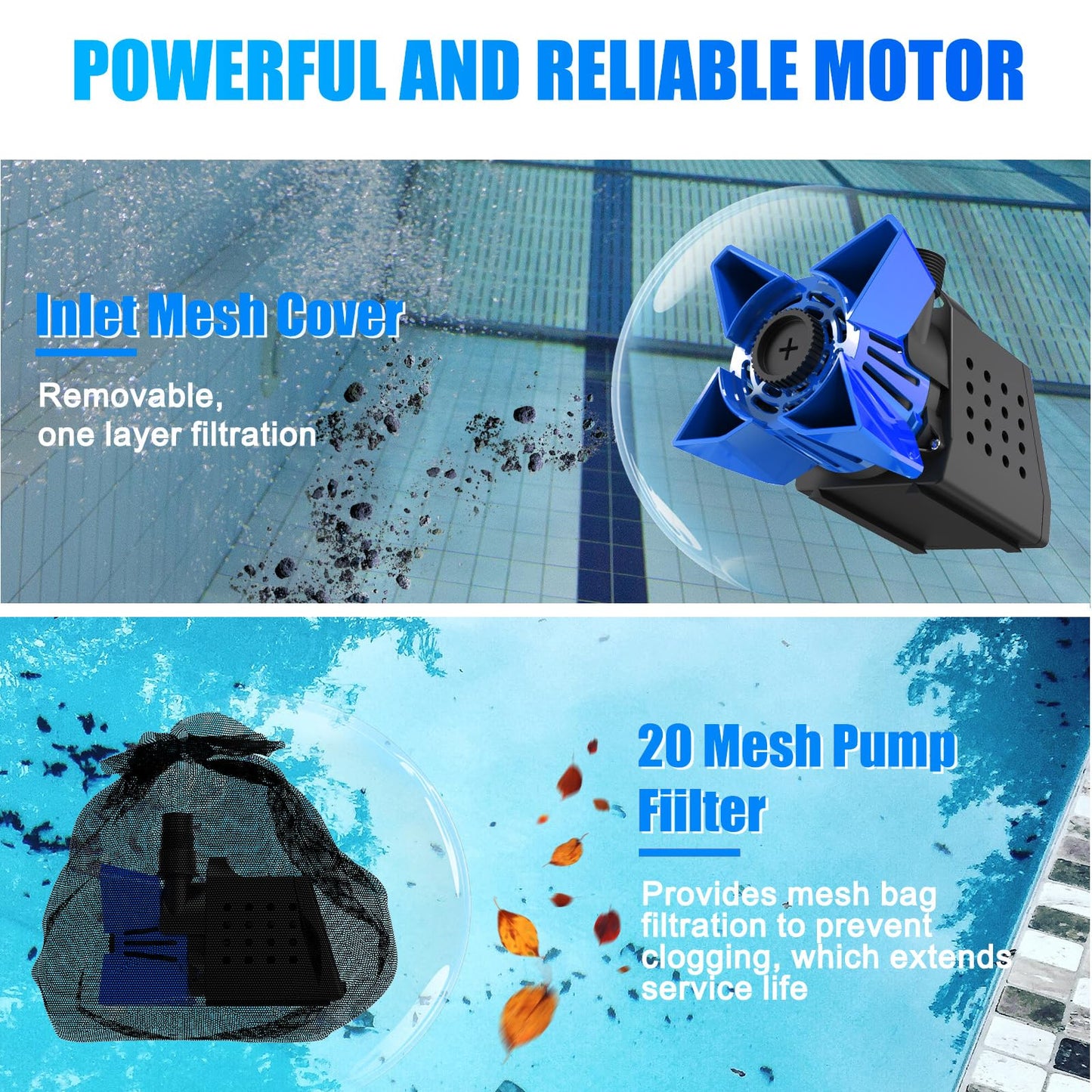 AgiiMan Pond Pumps -2HP 3500GPH Pool Cover Pump with Filter Bag and 33 FT Cable, Submersible Water Pump Max Lifting Height 20 FT, Ultra Quiet Sump Pump for Pond, Waterfall, Blue