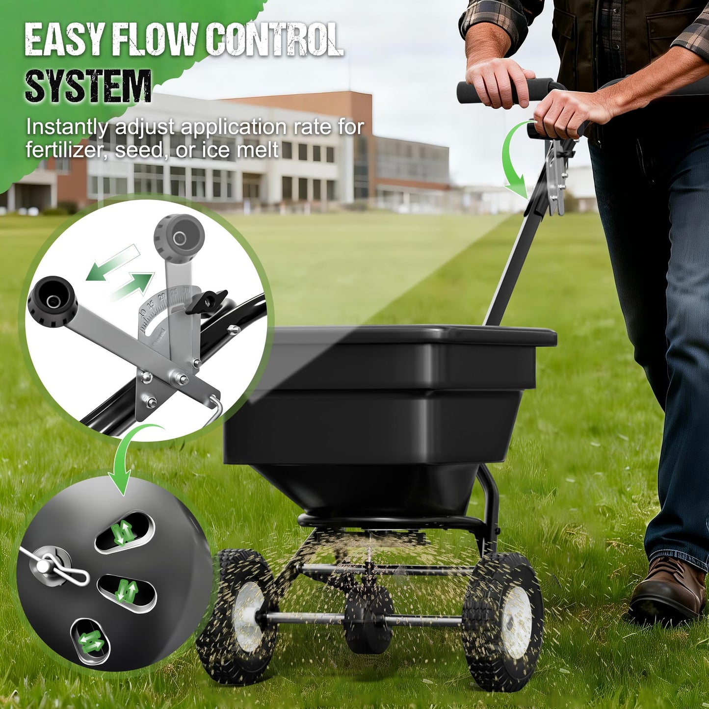 PPOLB Fertilizer Spreader 100LB Capacity, Walk-Behind Push Broadcast Spreader with Hopper Screen & Rain Cover, 0–10FT Spreading Width, Seed & Salt Spreader, 12" Pneumatic Wheels, 30-Level Flow Control