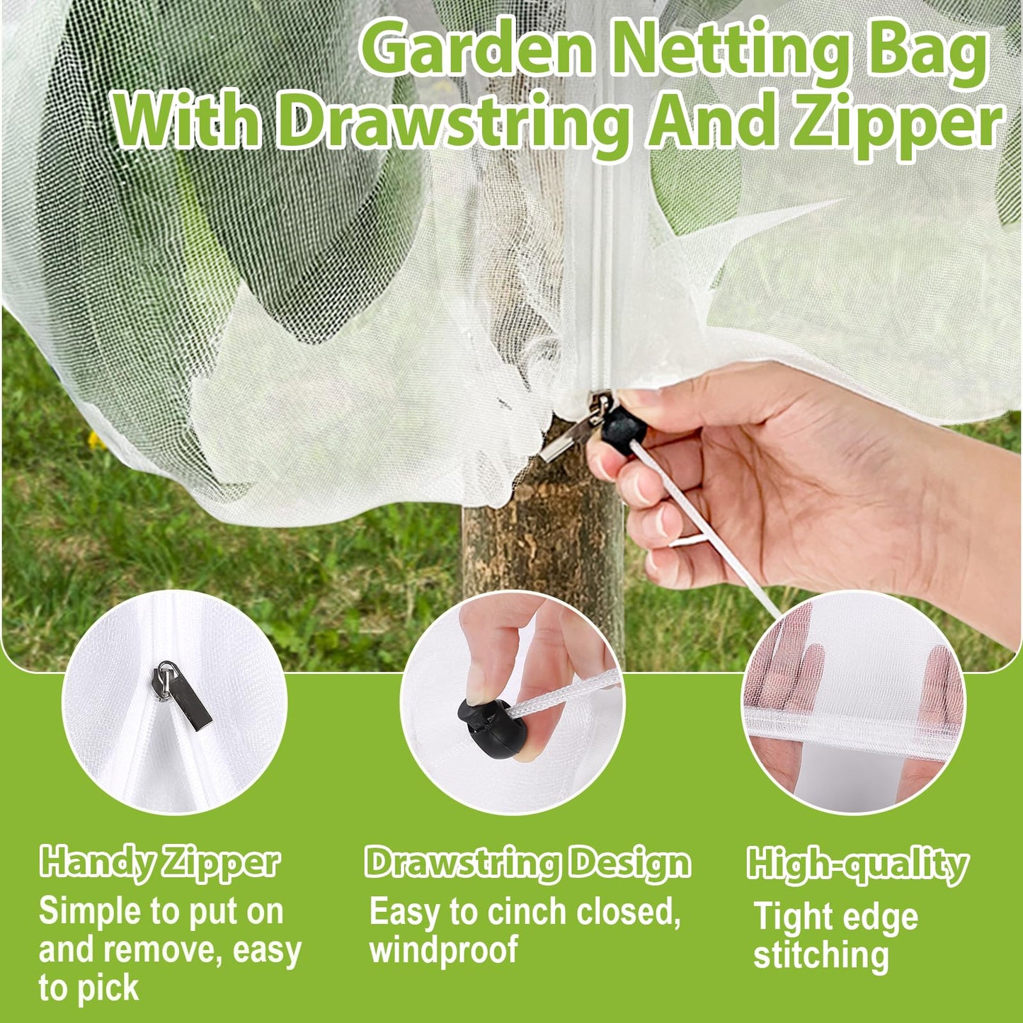 2PCS Large Fruit Tree Netting with Drawstring and Zipper, 8 * 8FT Garden Netting for Garden Protection, Insect Bird Netting for Fruit Trees, Protection from Anti Birds, Bugs,Cicadas, Insects