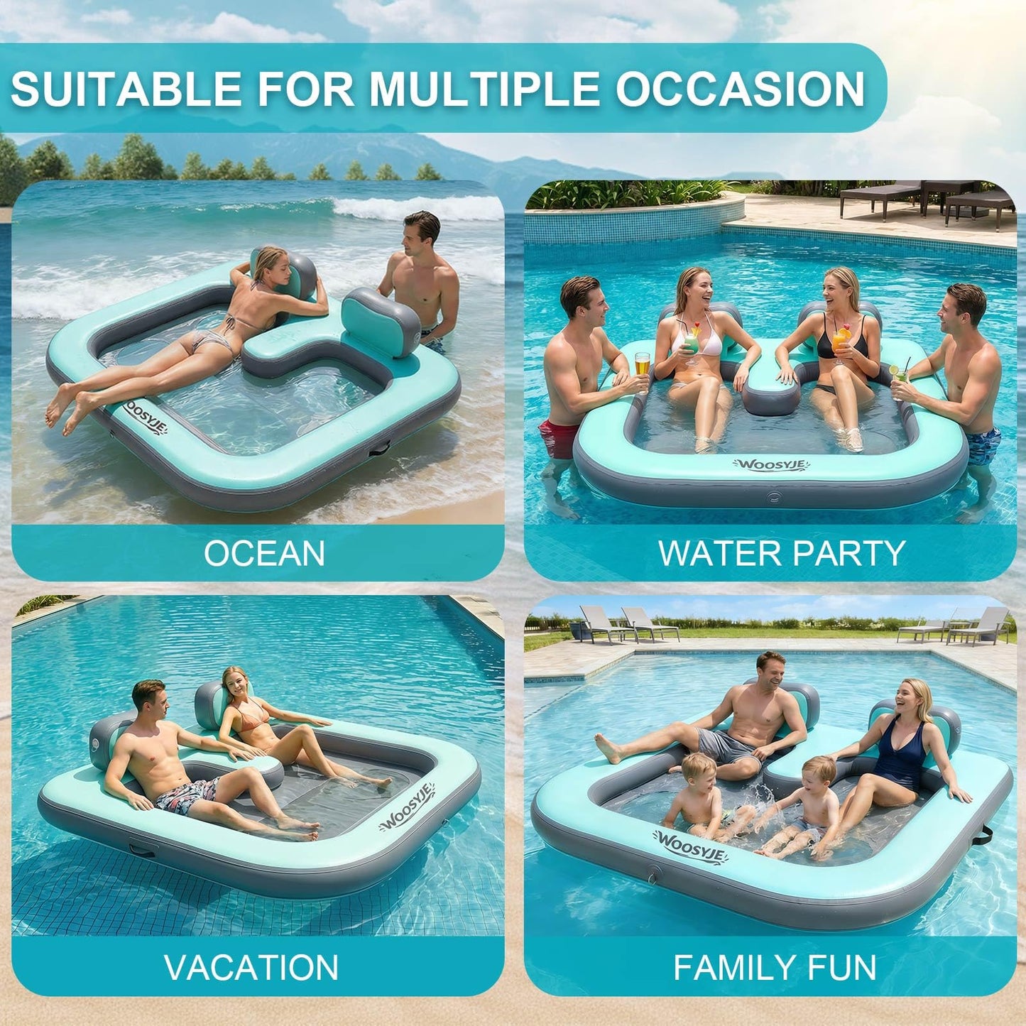 WOOSYJE 2 Person Water Hammock,Sunchill Float,Tanning Pool Floats for Adults,Heavy Duty Drop-Stitch with Mesh Bottom & Backrests,Inflatable Floating Island with Pump