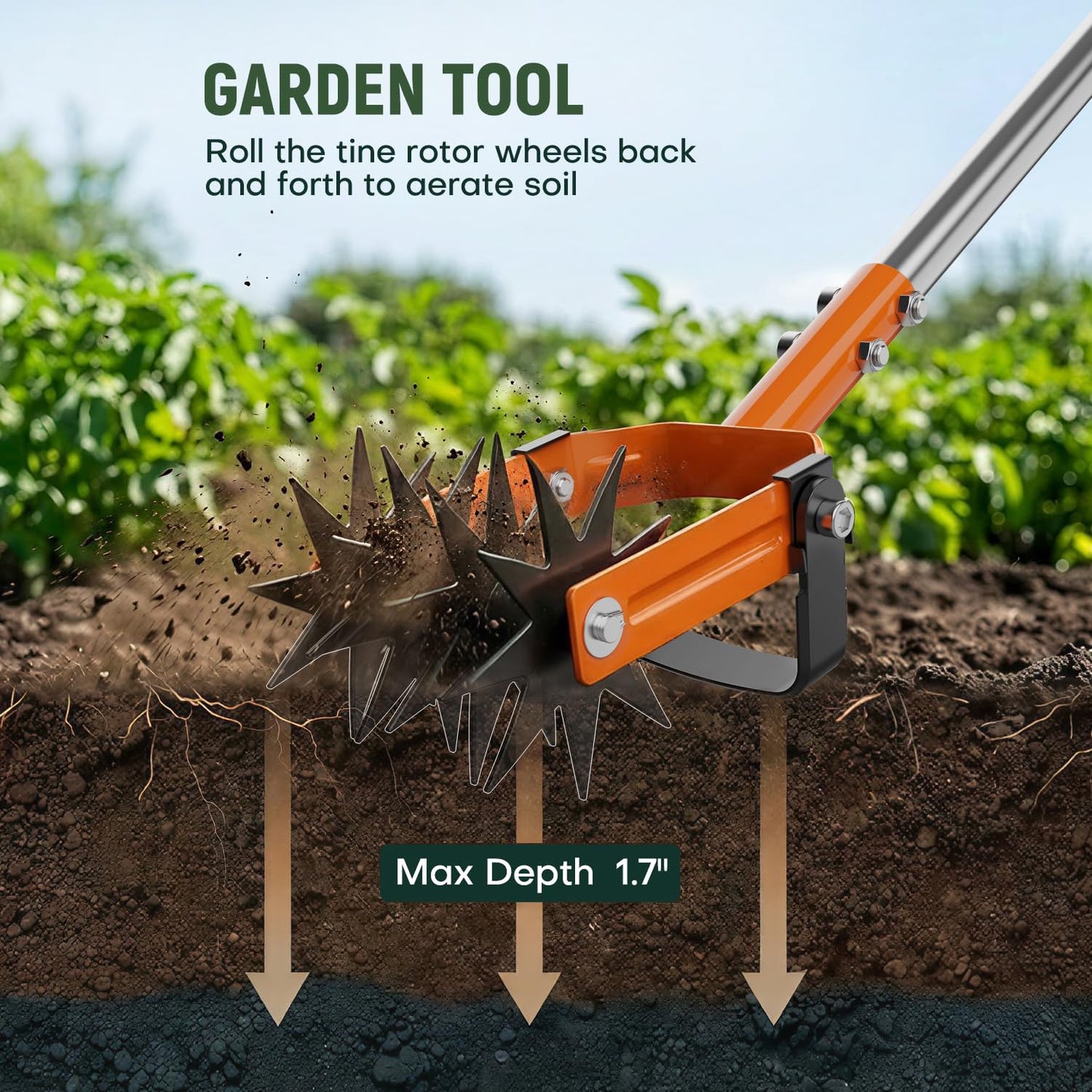 ARPEAK Rotary Cultivator Garden Tool, 2-in-1 Weeder & Soil Aerator with Detachable Weed Knife,73" Adjustable Stainless Handle, Dual-Function Rotary Tiller for Lawn Care, Reseed Grass, Soil Mixing