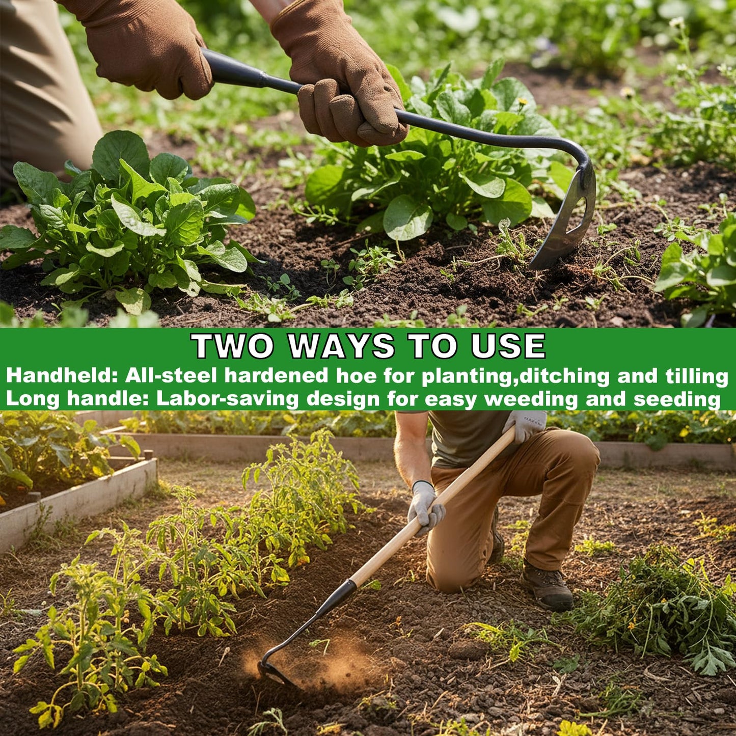 2Pcs Garden Hoe Tools, All-Steel Hardened Hollow Hoe, Garden Weed Puller, Sharp Garden Weeding Tools, Hand Hoe Gardening Edger Weeder Tool for Patio Weeding,Soil Loosening,Farm Planting (Long Handle)