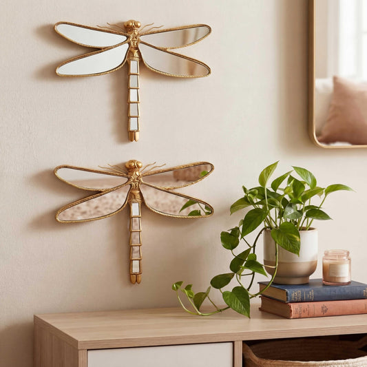 Sliner 2 Pcs Gold Resin Dragonfly Mirror Wall Decor, Aesthetic Glass Insect Wall Art, Vintage Cottagecore Decorative Mirrors for Home Nursery Garden, Elegant Nature Gift for Summer Wedding