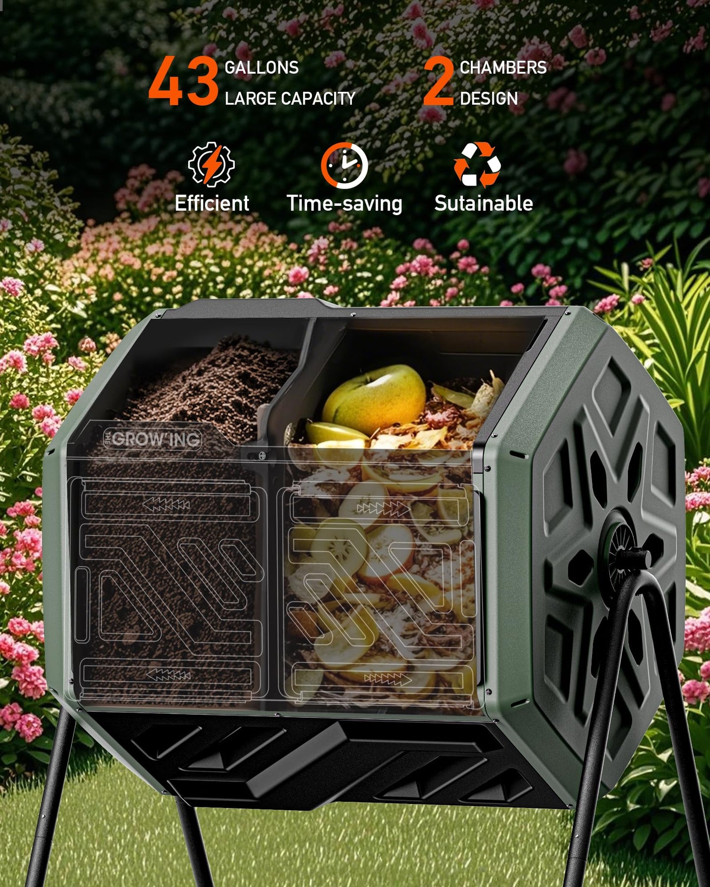 THEGROW'ING 43 Gallon Dual Chamber Compost Bin with Built-in Nuts, Outdoor Rotating Composter Tumbler for Garden Backyard, Green