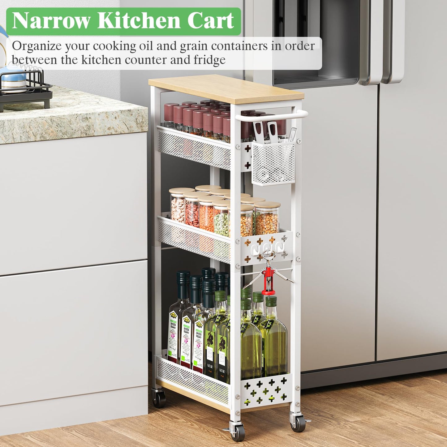 MJIMKE Slim Storage Cart with Wheels - 4 Tier Utility Narrow Rolling Cart with Wood Top, Metal Trolley for Bathroom Laundry Kitchen Organization with Handle, 7.1 inch Wide for Small Space, White