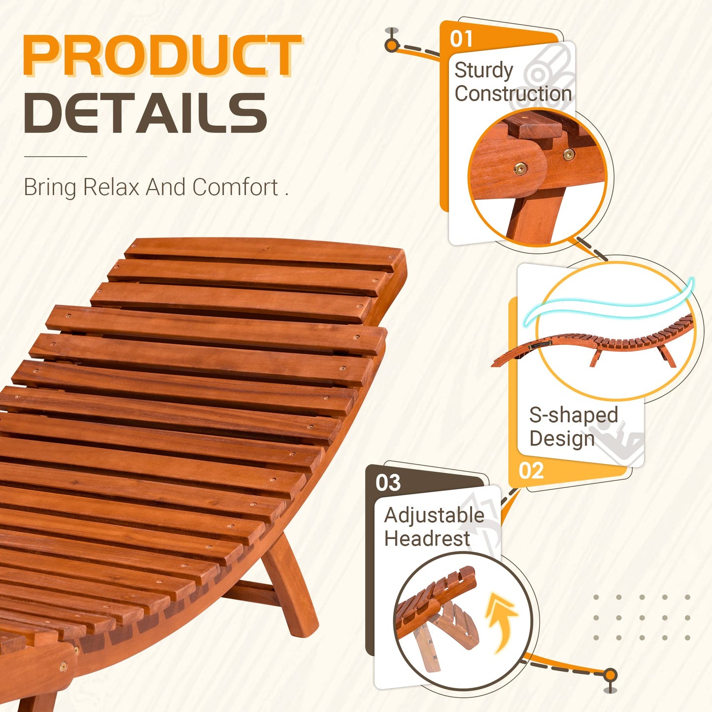 Greesum Wood Folding Chaise Lounge Chair, Weatherproof Extended Sun Lounger with Adjustable Headrest for Patio, Balcony Poolside Garden, Set of 2, Wooden