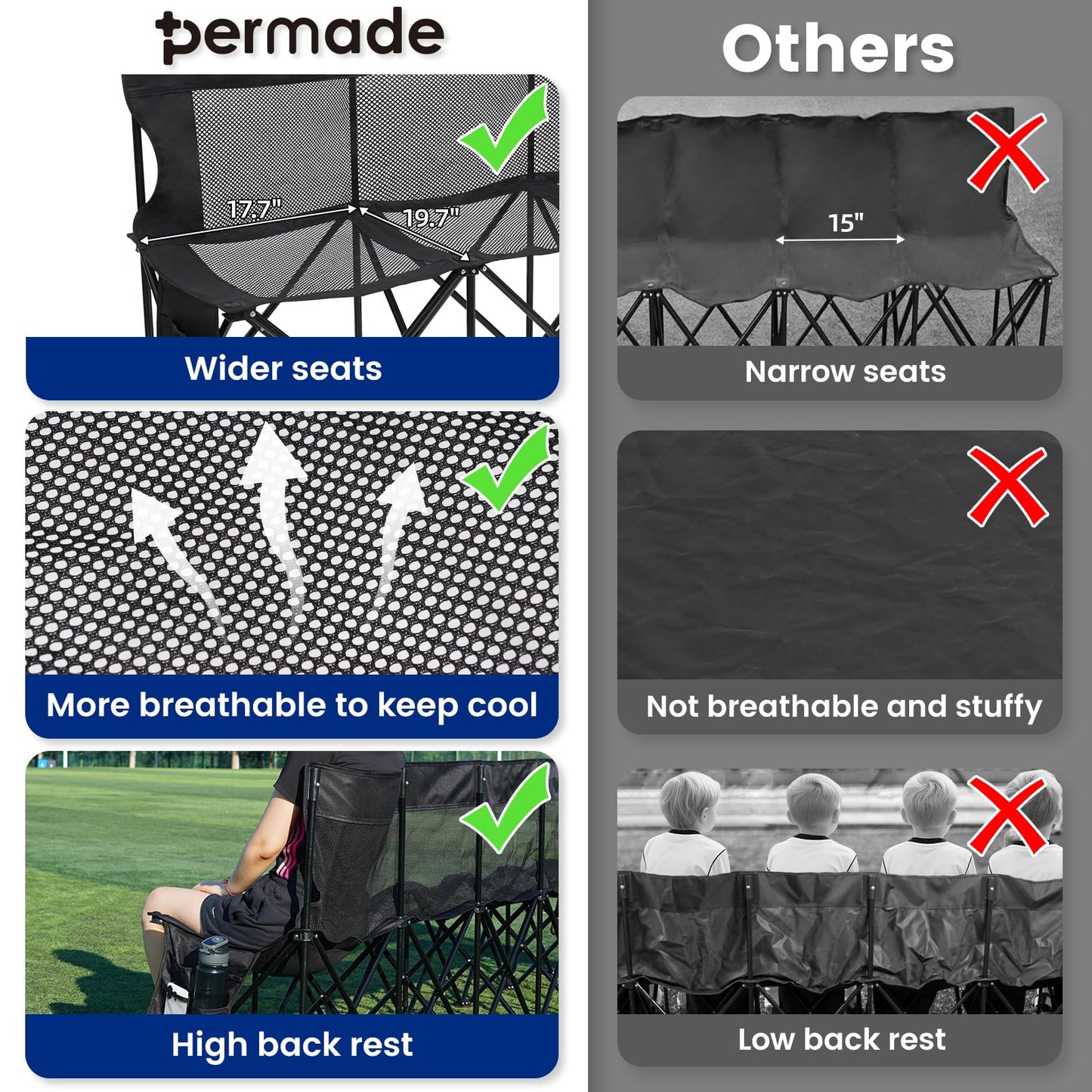 Permade Soccer Bench- Folding Team Bench Soccer 4 Seats, Portable Sideline Sports Benches with Mesh Seat and Back with Bag, Foldable Breathable Chairs for Sports Football Camp Events (Black