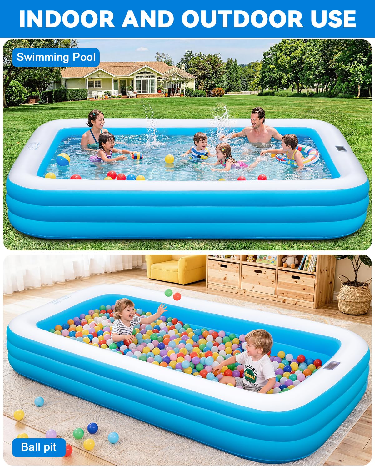 Large Inflatable Pool for Adults,130" x 72" x 22" Thickened Blow Up Pool with Lights & Pump, 7 Color Changed Durable Above Ground Family Swimming Pool for Backyard Outdoor Garden