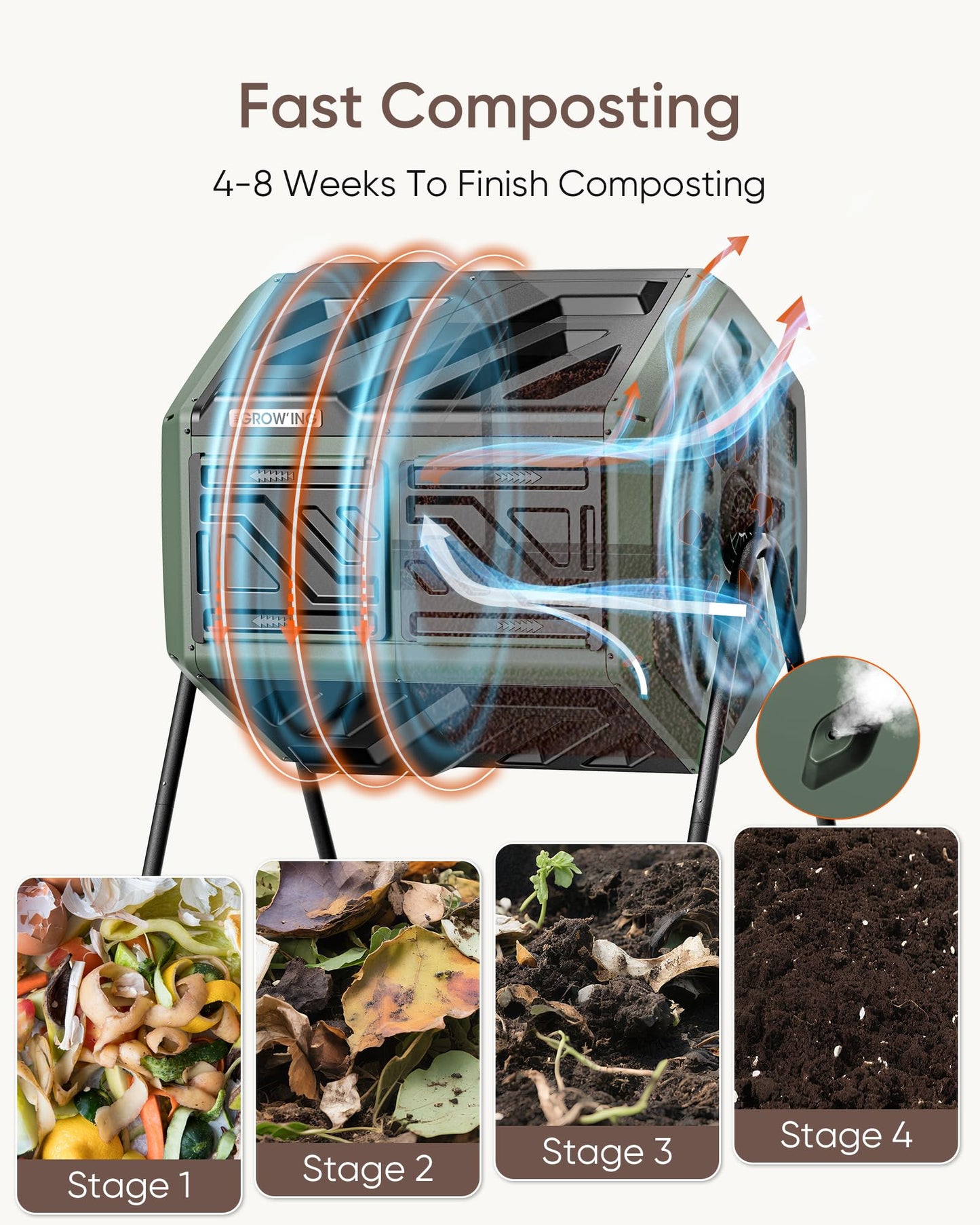 THEGROW'ING 43 Gallon Dual Chamber Compost Bin with Built-in Nuts, Outdoor Rotating Composter Tumbler for Garden Backyard, Green