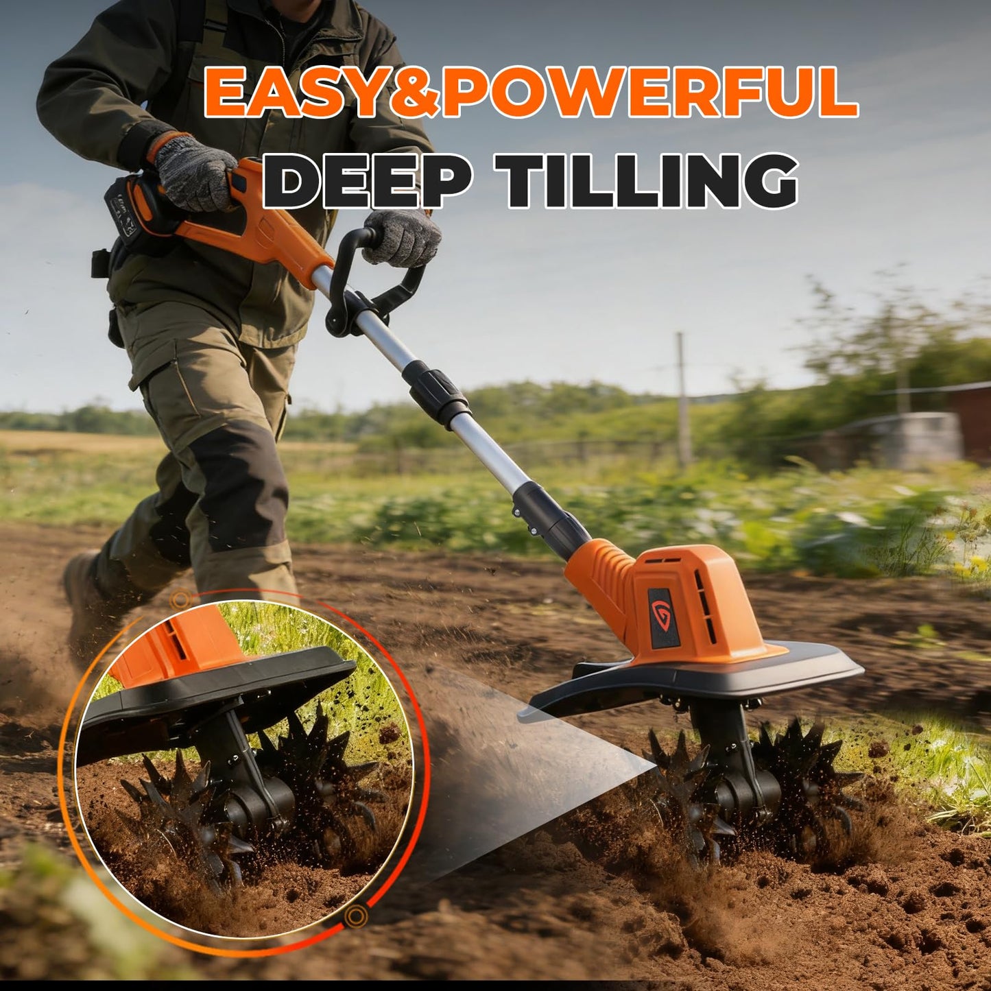 GEARPASS Cordless Electric Tiller Cultivator, 21V Battery Powered Garden Tiller with 2×4.0Ah Batteries, 9″ Tilling Width & 6.6″ Depth, 360RPM 48 Rust-Resistant Blades for Soil & Gardening