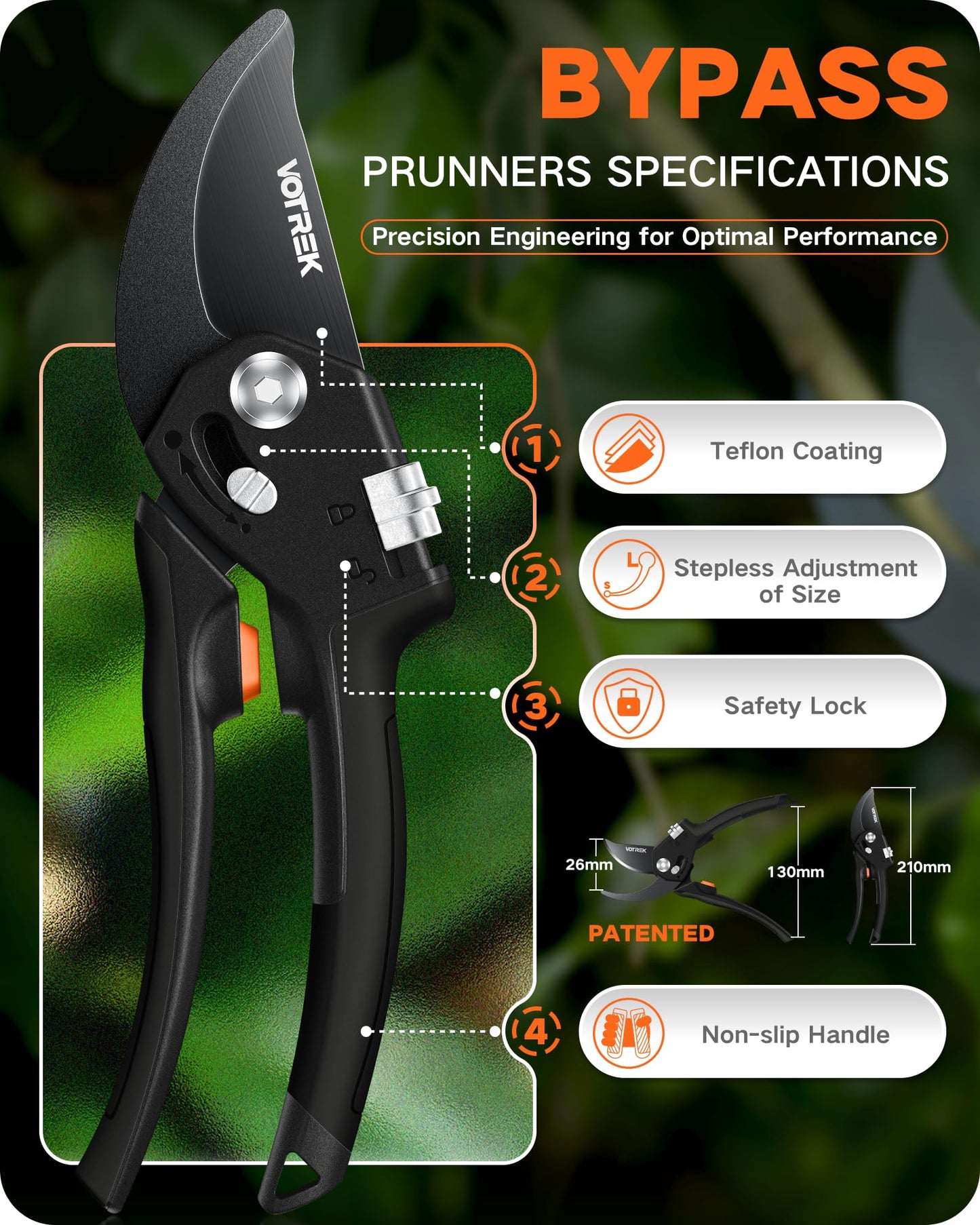 VOTREK 8.5" Pruning Shears for Gardening, 【Unique Stepless Handle Opening】Professional Bypass Garden Clipper, Heavy Duty Plant Pruners for Branch 【SK5 Steel Blades】【All Hand Sizes】, Classic Black