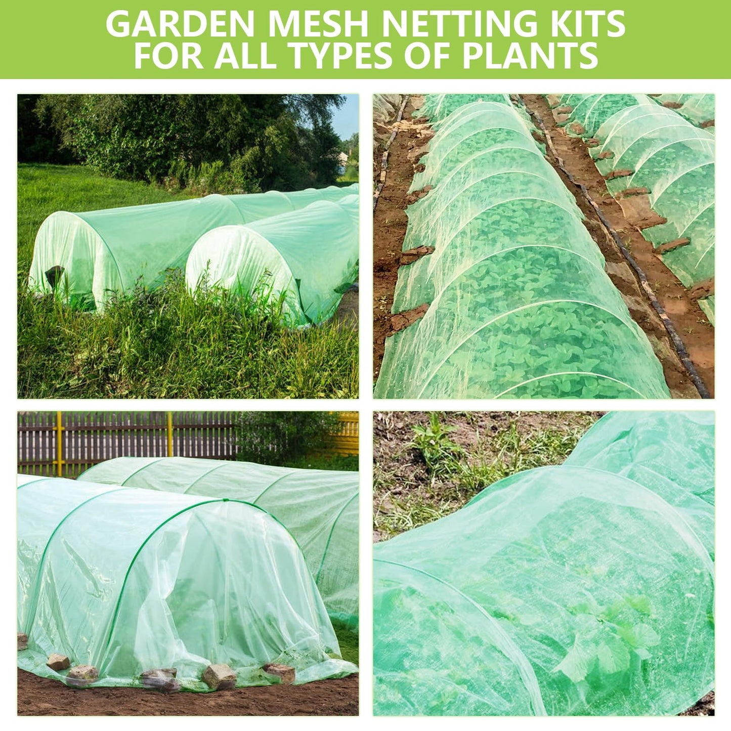 Garden Netting Kit for Raised Beds, 10x30FT Green Ultra Fine Mesh Netting ＆6 Sets of 8FT Garden Hoops, Insect Netting Row Cover Net Protect Plants Vegetable Fruits Flowers
