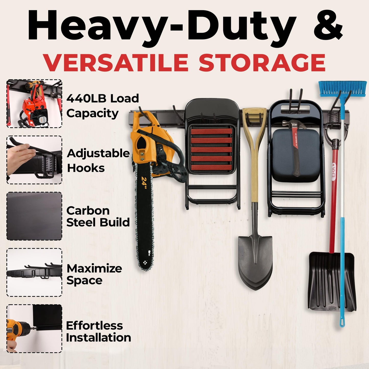 NINE FORTY Garage Tool Organizer Wall Mount - 49.5 Inches, 16" Stud Spacing, 440 LBS. Sturdy Rubber Coated Garden Tool Organizer and Storage Rack with Adjustable Hooks