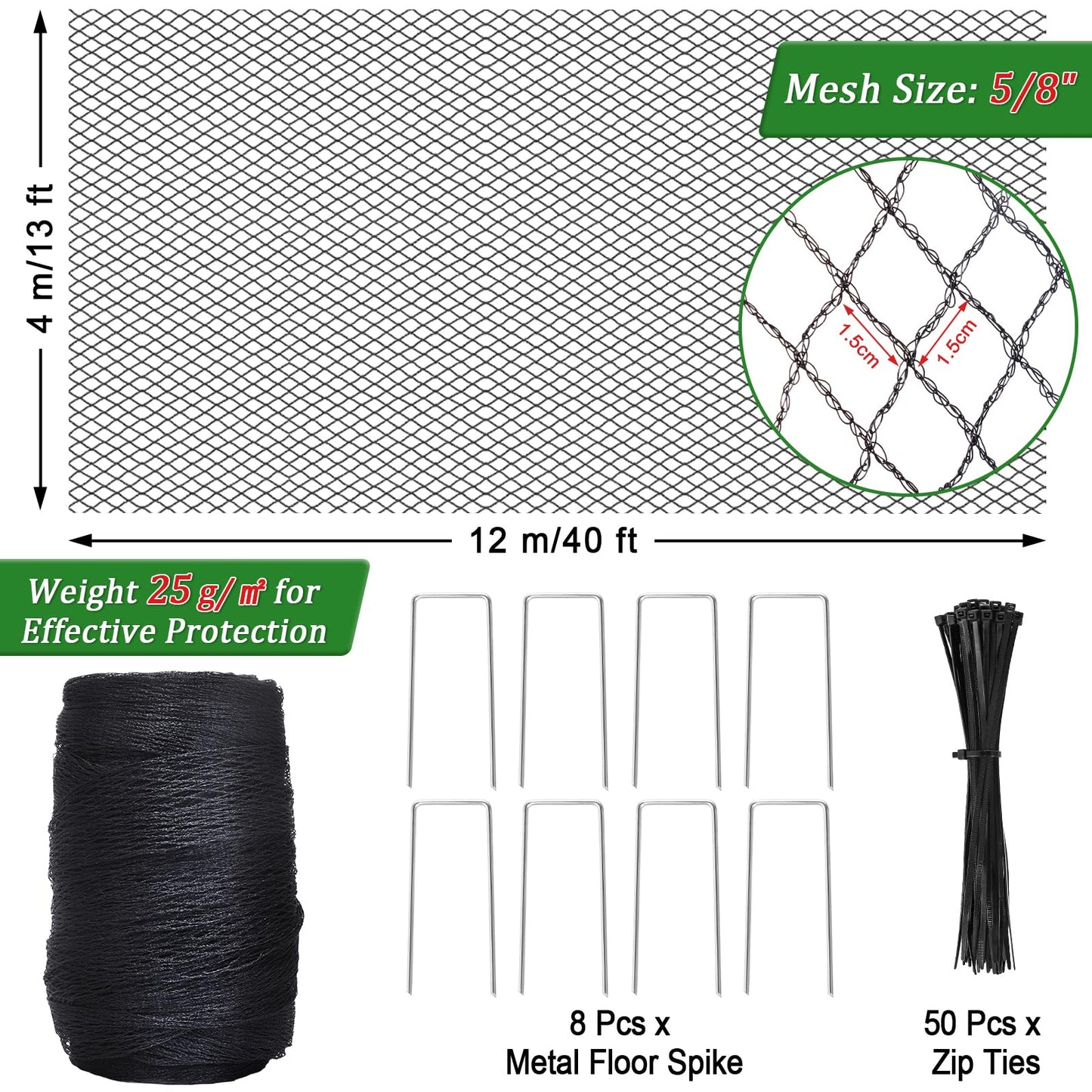 Bird Netting, 13 X 40 Ft Reusable Protective Garden Netting Cover for Plants Fruit Trees Vegetables, Heavy Duty Poultry Fence Animal Barrier with Ties and Staples, Strawberry Netting for Birds
