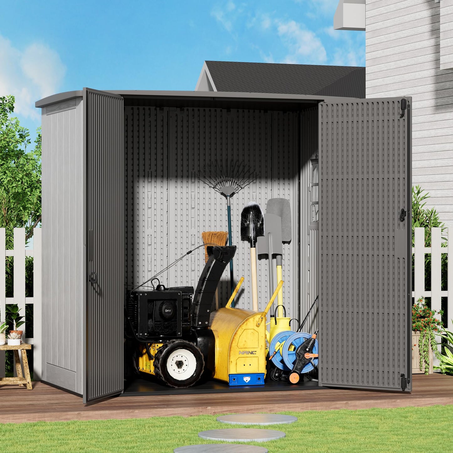 ZZM Outdoor Storage Shed 6x4 Ft, All-Weather Resistant Resin Garden Sheds & Outdoor Storage Clearance with Floor and Windows, Double-layer Plastic Tool Shed for Backyard, Patio & Lawn (Gray,Flat Roof)