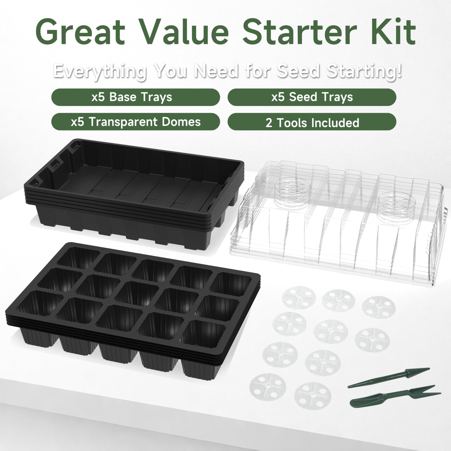 Gardzen 5-Pack Seed Starter Kits, Reusable Plant Germination Trays with Total 75-Cell, Seed Starter Tray with Humidity Vented Domes and Bases for Starting Vegetable Flower Herb Seeds 15" x 9"