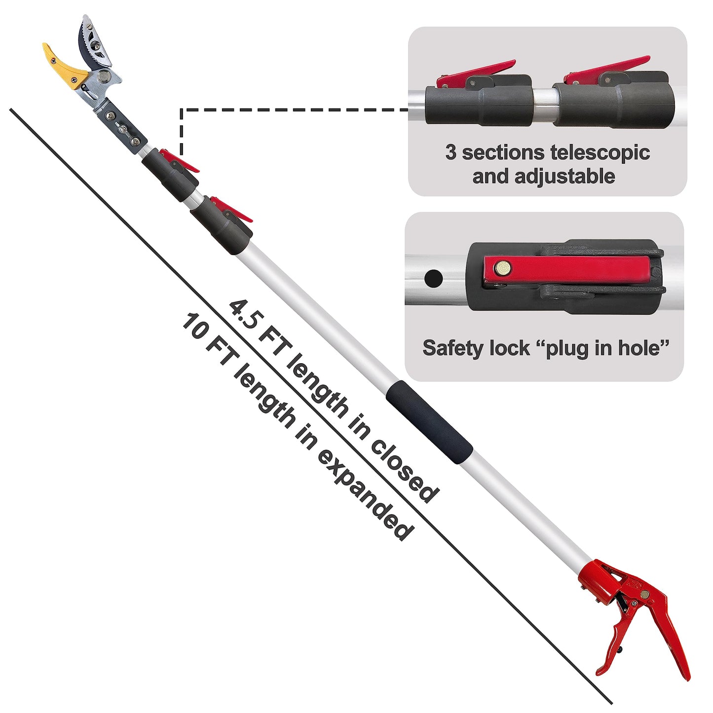 Prunrt Telescopic Tree Trimmer 4.5-10 FT with 3 Section Length Adjustable, Cut and Hold Pruner, Pole Saw Extendable, Long Handle Fruit Picker, Branch Cutter, Clippers, Loppers