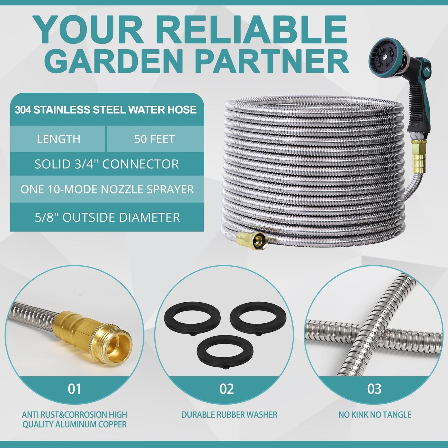 Numwot 50FT Garden Hose, 304 Stainless Steel Water Hose, Flexible with a 10-Mode Nozzle Sprayer, No Kink, Lightweight, Puncture Proof, Ideal for Yard, Lawn, Outdoor, 5/8" Outside Diameter