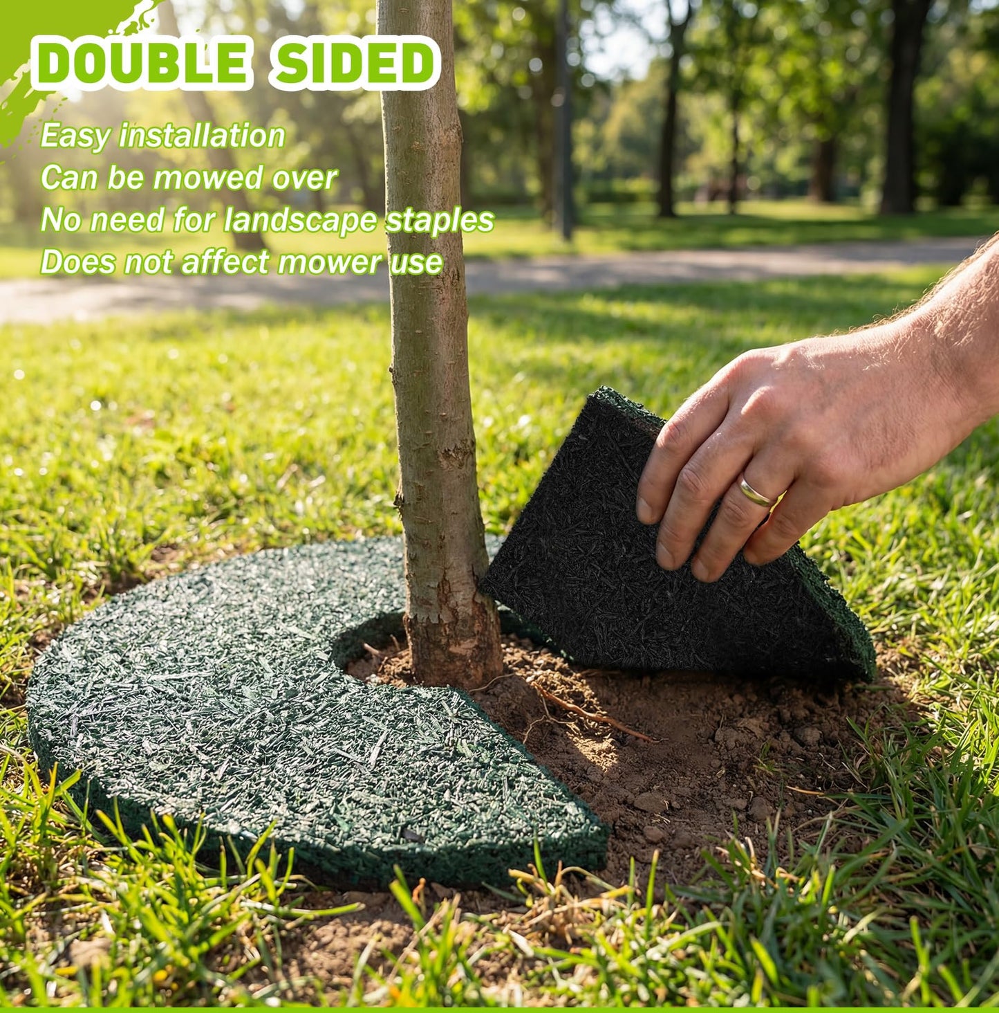 Peryiter 2 Pcs Double Side Rubber Mulch Tree Ring, Heavy Duty Rubber Mulch Mat, Tree Root Protector Mat Reversible Round Root Ring Weed Barrier for Prevent Animal Dig (Green)