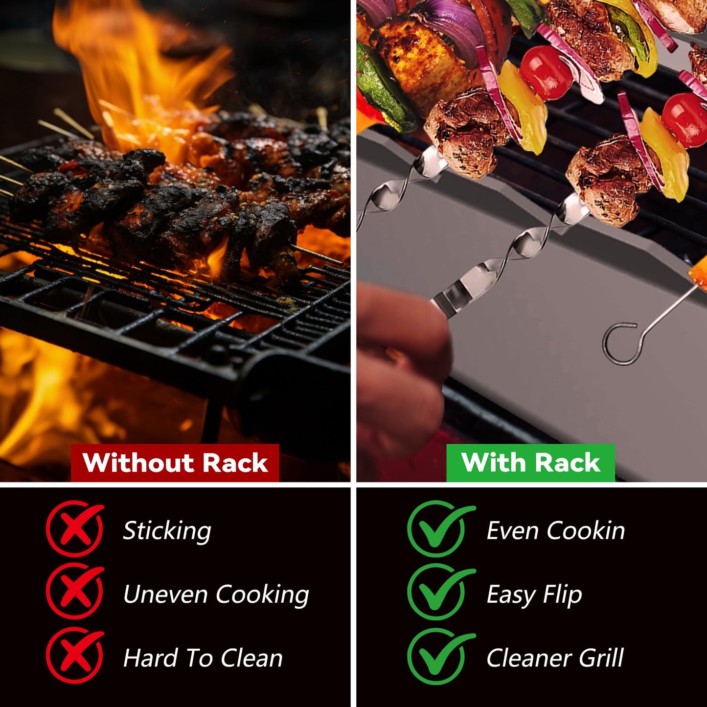 Barbecue Skewer Kabob Rack For Shish Kebab Skewers-Stainless Steel Compatible with Wood Round Steel Flat or Bamboo Skewers Universal Holder for Grill BBQ Grilling Accessories 2 Pack