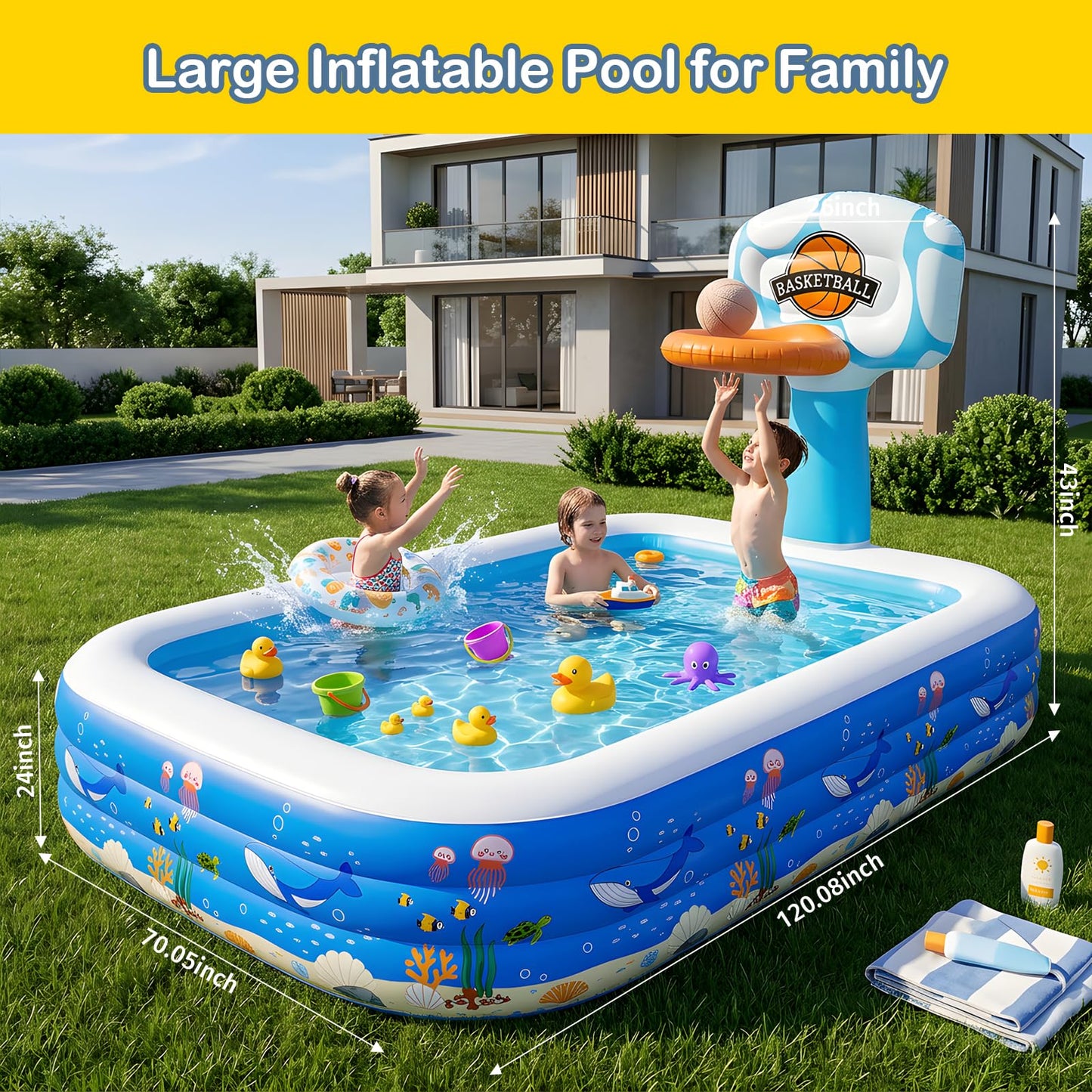 Inflatable Swimming Pool,120" x 72" x 24" Kiddie Pools, Family Lounge Pools Thickened Above Ground Family Pool for Summer Water Party, Backyard, Garden Lawn