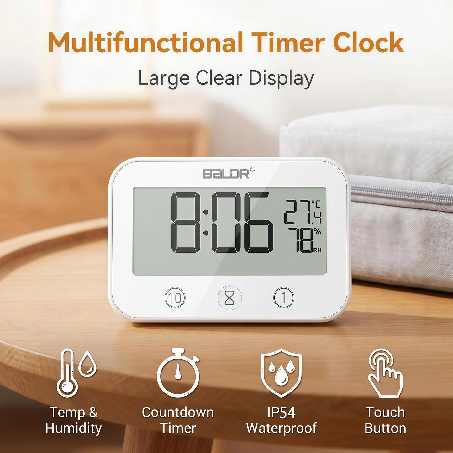 LXSZRPH Digital LCD Waterproof Timer Shower Clock, Waterproof for Water Spray, Bathroom Clock Wall Mount, Two Suction Cup, Displays Time, Temperature, and Indoor Relative Humidity (1, White)
