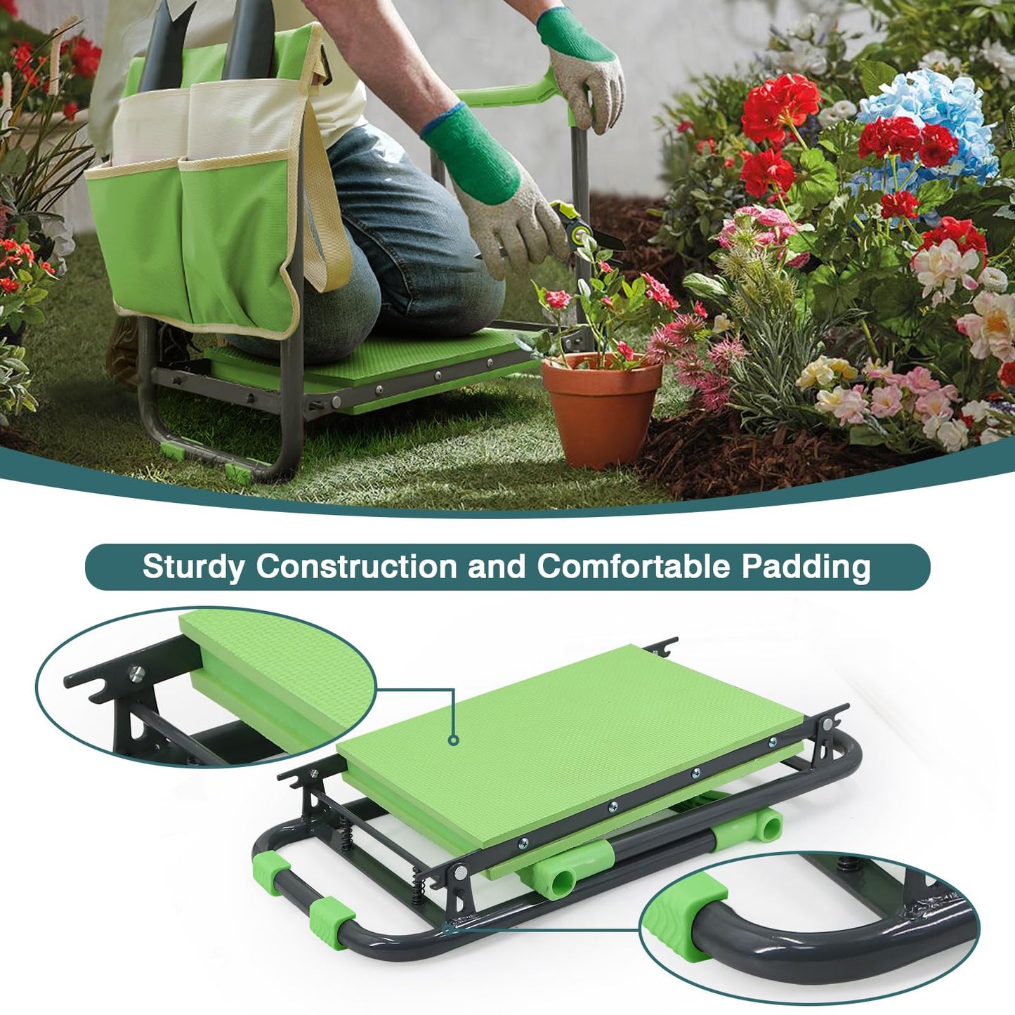 Byhagern Foldable Garden Kneeler and Seat – 2-in-1 Gardening Stool with a Tool Storage Pouch, Lightweight and Portable for Elderly, Outdoor, Lawn Care (Green)