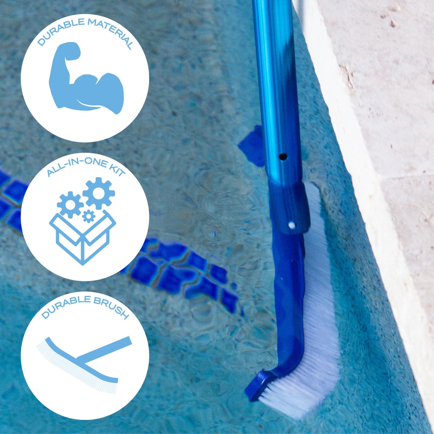 Blue Mano 6 Piece Pool Cleaning Kit - 16" Leaf Rake, 12" Leaf Skimmer, 18" Pool Brush, 4FT Telescopic Aluminum Pole & Standard Chlorine Dispenser - for Pools