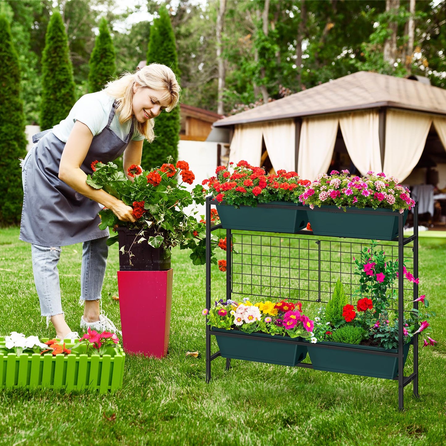 OYEAL Raised Garden Bed with Legs & & Trellis 32" Tall Vertical Herb Garden Planter Indoor Outdoor Elevated Flower Beds for Gardening, Vegetables, Herbs, Patio, Balcony, Backyard, Green
