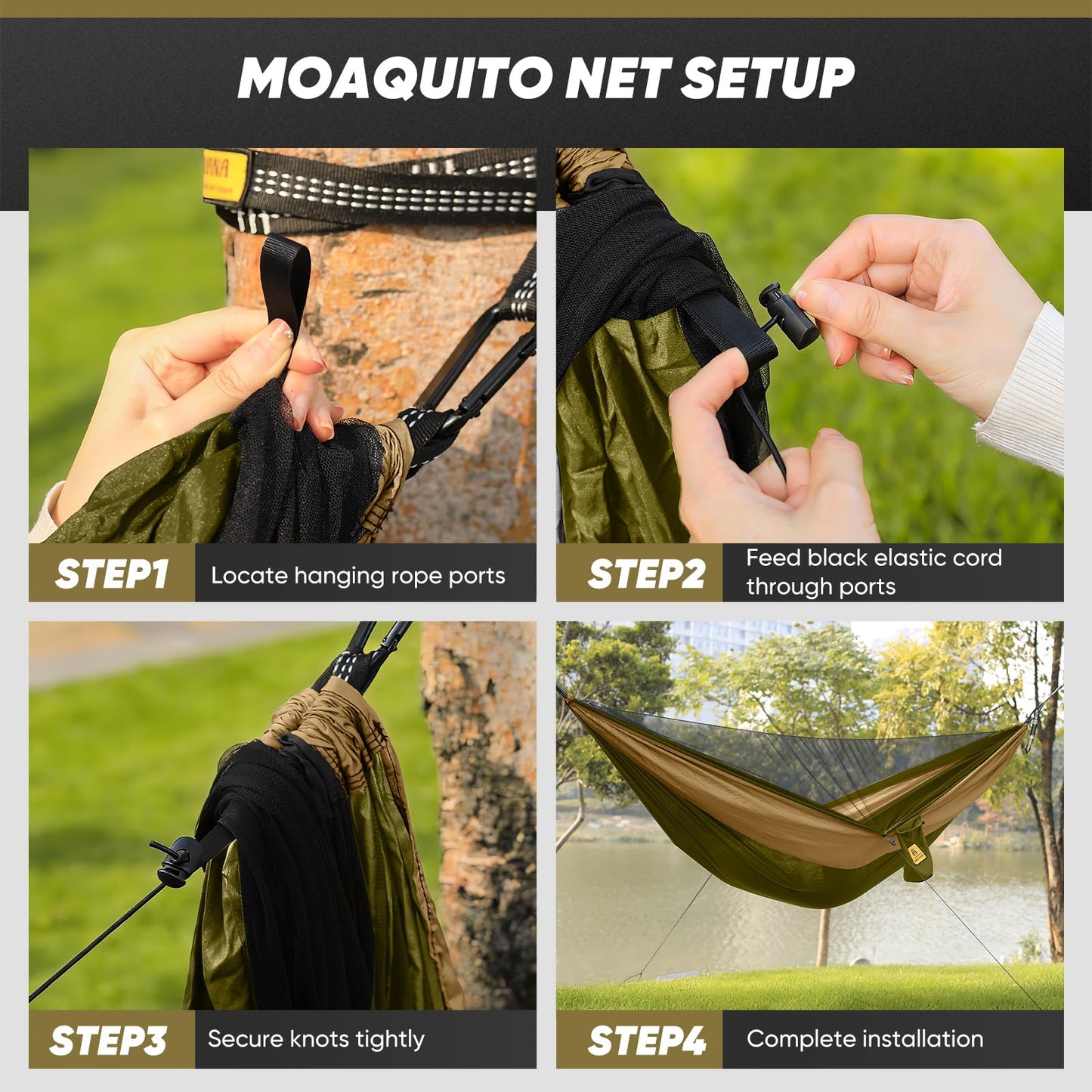 Camping Hammock with Mosquito Net, 600 lbs Portable Hammock with Tree Straps, 2-in-1 Double/Single Travel Hammock Tent for Outside/Indoor/Backpacking/Beach - Green & Khaki