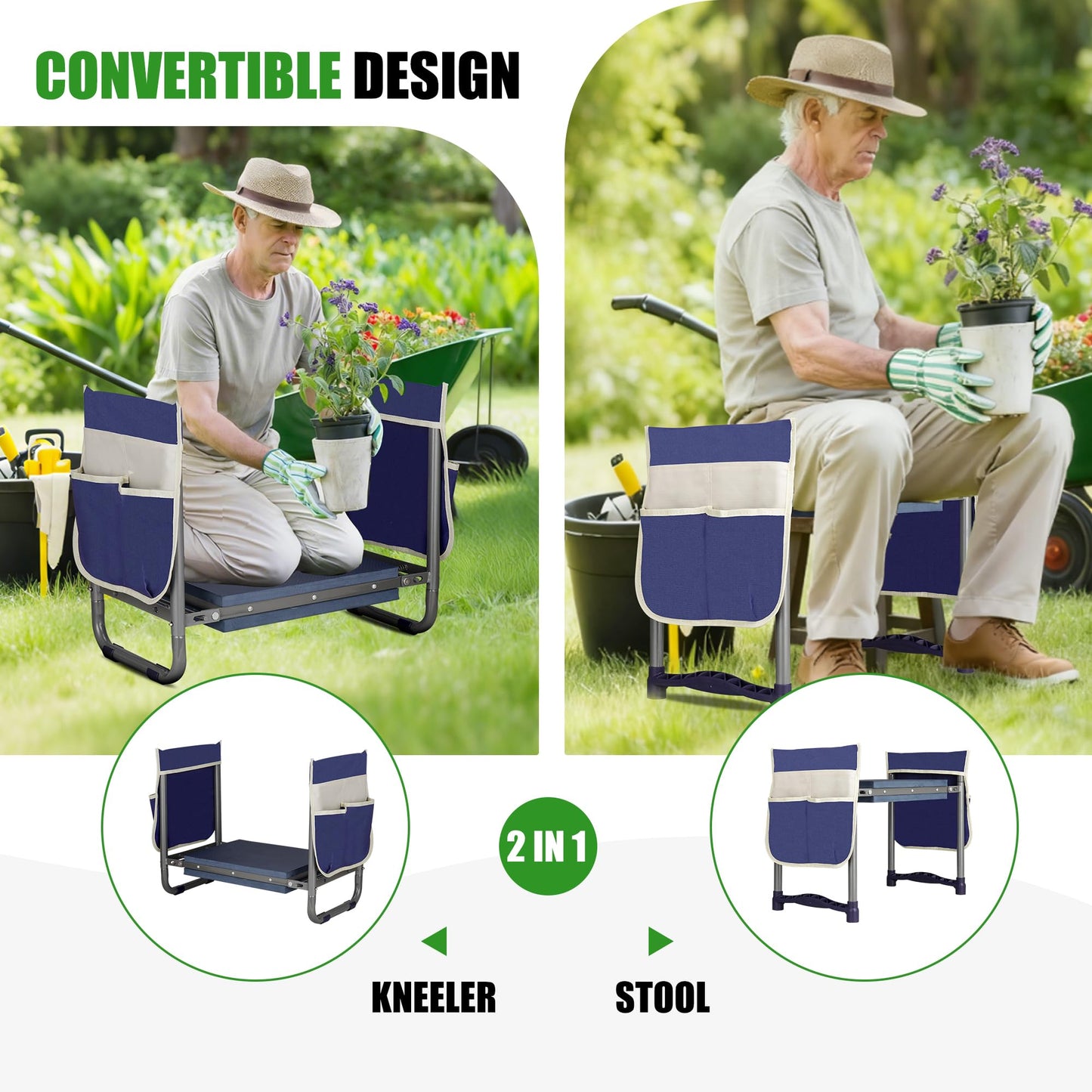 Garden Kneeler and Seat, 10.9" Wide Double-Sided Thick Knee Pad , Heavy-Duty Foldable Gardening Stool, 2 Large Tool Bags, Prevents Knee and Back Pain, Portable Garden Bench, Gifts for Women, Seniors