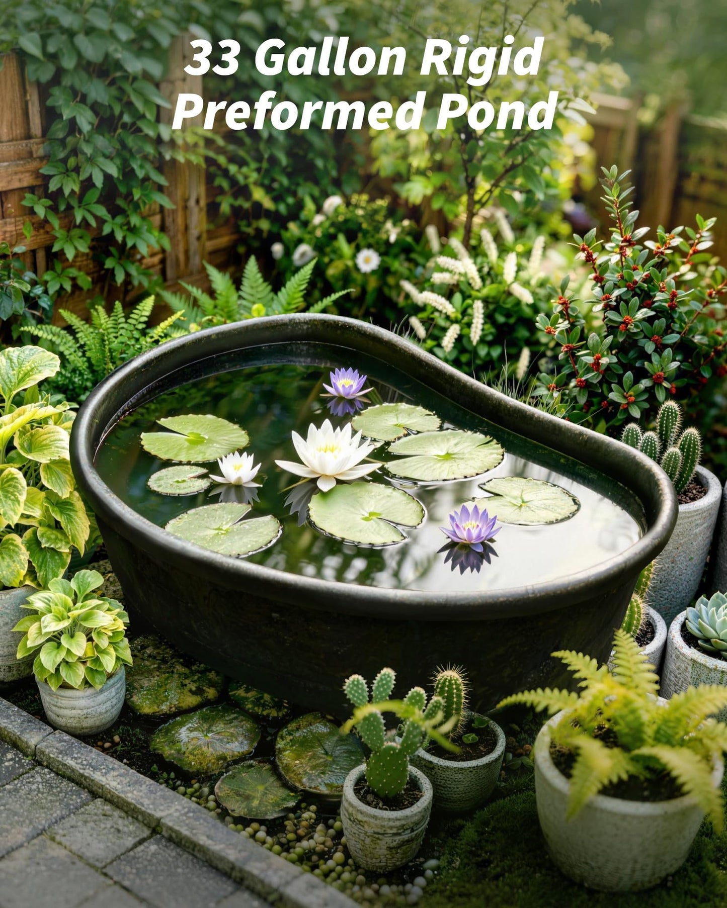 POPOSOAP Preformed Pond Liner, 33 Gallon Rigid Pond Liner with Integrated Plant Shelves, Heavy Duty U-V Resistant Plastic Preformed Pond for Backyard, Patio, Fountain,Water Lily and Koi Pond-P797