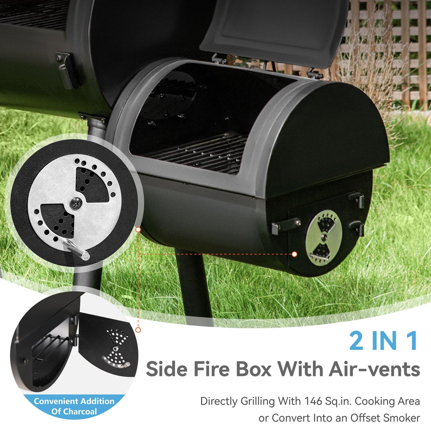 GREEN PARTY Offset Smoker Charcoal Grills with 28 Inch Cook Chamber, Barrel Smoker and Charcoal Grill Combo, 512 Sq. In. Space Barrel Smoker Grill for Outdoor BBQ Patio Backyard Cooking