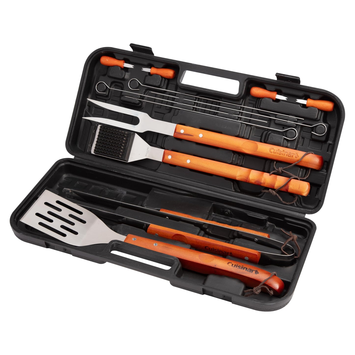 Cuisinart 13-Piece Wooden Handle Grill Tools Set, Grill Utensils Set BBQ Accessories, Durable Stainless Steel Spatula, Tongs, Cleaning Brush & More, Compact Case, Grilling Gifts for Men, CGS-W13