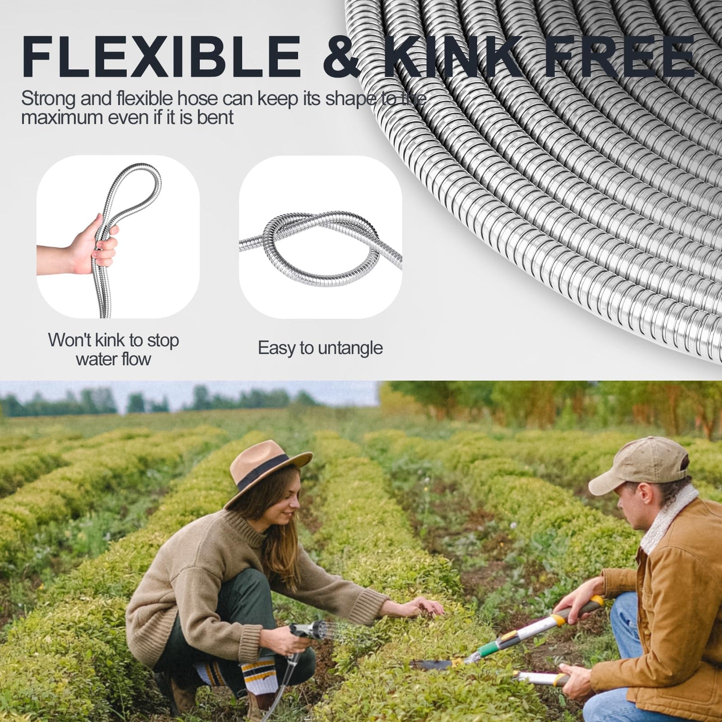 SPECILITE Stainless Steel Garden Water Hose 50 FT, Flexible and Lightweight Pipe, Non-Expandable Heavy Duty Metal Waterhose with Brass Fittings for Reel, Yard, Outdoor, Boat