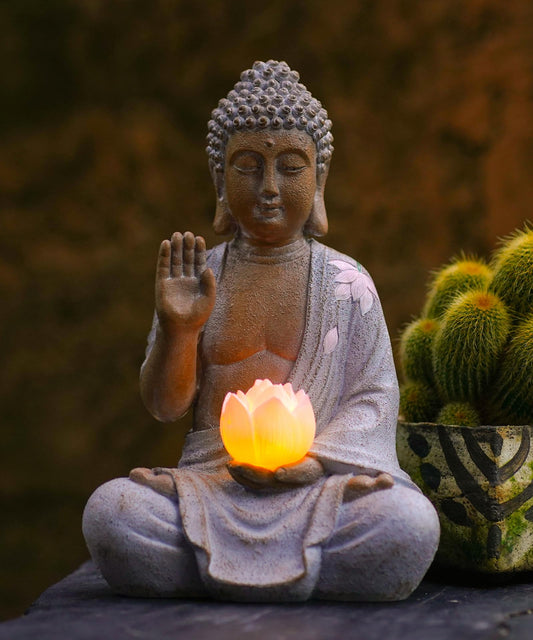 Nacome Solar Buddha Garden Statues with Lotus Flower: Resin Zen Decor Waterproof Sculpture Outdoor Light Design for Outside Patio Lawn Yard Balcony - 10.6 inches(White)