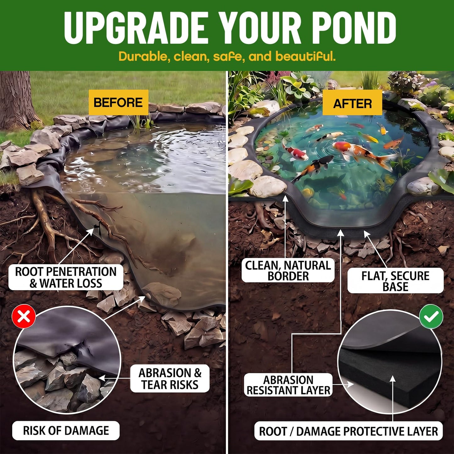 Fanfanwin 20 x 25 ft Pond Liner Underlayment 6oz Heavy Duty Black Non Woven Geotextile Underlayment Fabric with 10 U-pins for Outdoor Pond Streams Fountains Garden Waterfalls Fishpond Weed Barrier