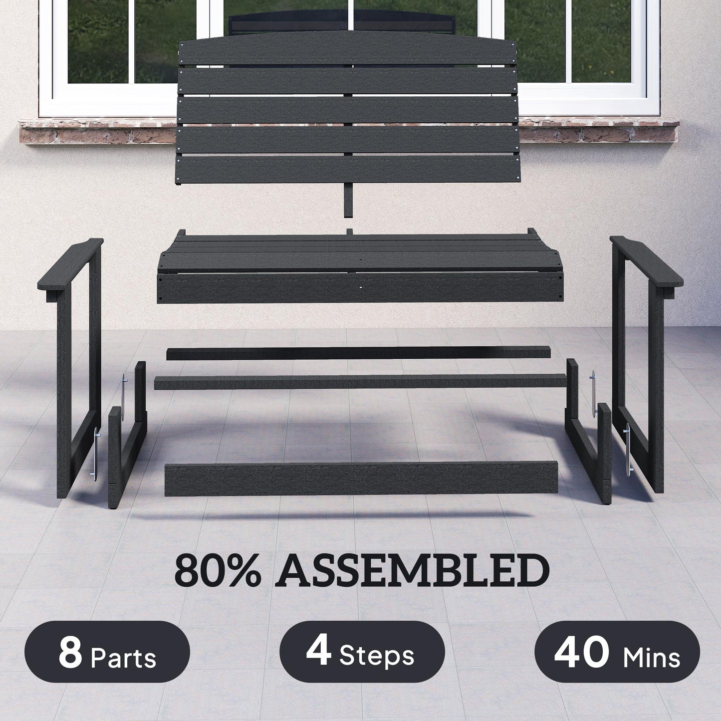 Outsunny 2-Person Outdoor Glider Bench, HDPE Weather Resistant Patio Double Swing Glider Rocking Chair Loveseat with Armrests, Slatted Seat and Backrest for Backyard Garden Porch, Distressed Black