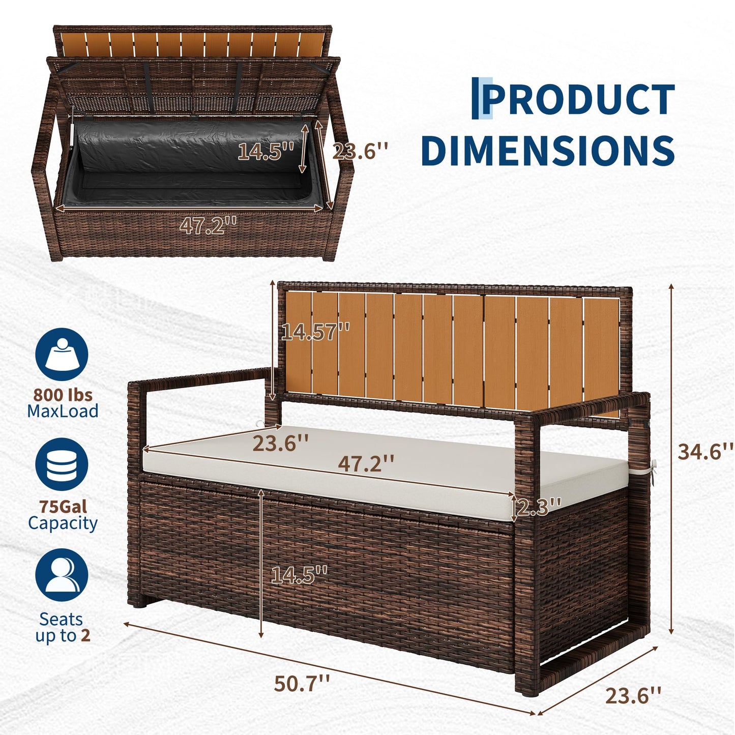 75 Gallon Outdoor Storage Bench, All-Weather PE Rattan Deck Box with Seat, Wicker Patio Furniture for Cushions, Garden Tools, Pool Accessories, Water-Resistant and Durable (Brown White)