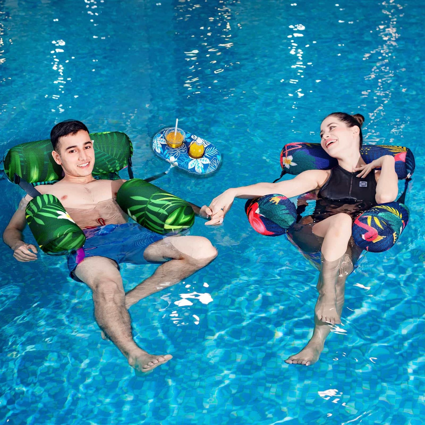 WERNNSAI Inflatable Pool Float for Adult - 2 Pack Fabric Floating Pool Chair Lounge with Cup Holders Adjustable Water Hammock for Swimming Pool Beach Lake Summer Party