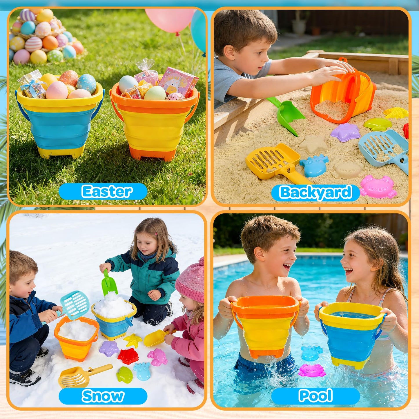 Beach Sand Toys for Kids 4-8 with Collapsible Buckets Sand Molds Mesh Shovels and Shell Bags Sand Tool Shell Shark Teeth Collecting, Beach Travel Essential Outdoor Sandbox Toy for Toddler 3 4 5 6